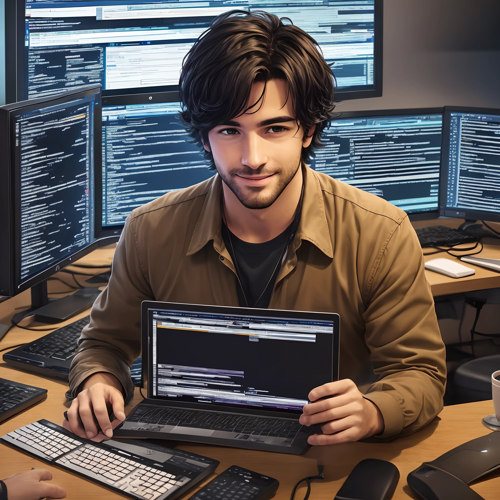 Guy characteristics: black hair, brown mature, with a focused smile on his face, slightly tired but passionate, teaching us.
Workstation: A modern workstation, consisting of a desk, computer and other technological equipment.
Coding: The boy is tapping intently on the keyboard, his fingers nimble, showing his programming skills. The number of lines of code shows the progress of his work.
Picture atmosphere: The dim lighting in the background highlights the brightness of the screen at the workstation. The surrounding walls are covered with technology-related posters and stickers.
Tech: Multiple screens surrounding the boy display dense lines of code, server data, and working diagrams, creating a high-tech atmosphere.
Warm details on the walls: A thank you note or compliment from the user is posted to express his love for his work and a sense of accomplishment. --auto --s2