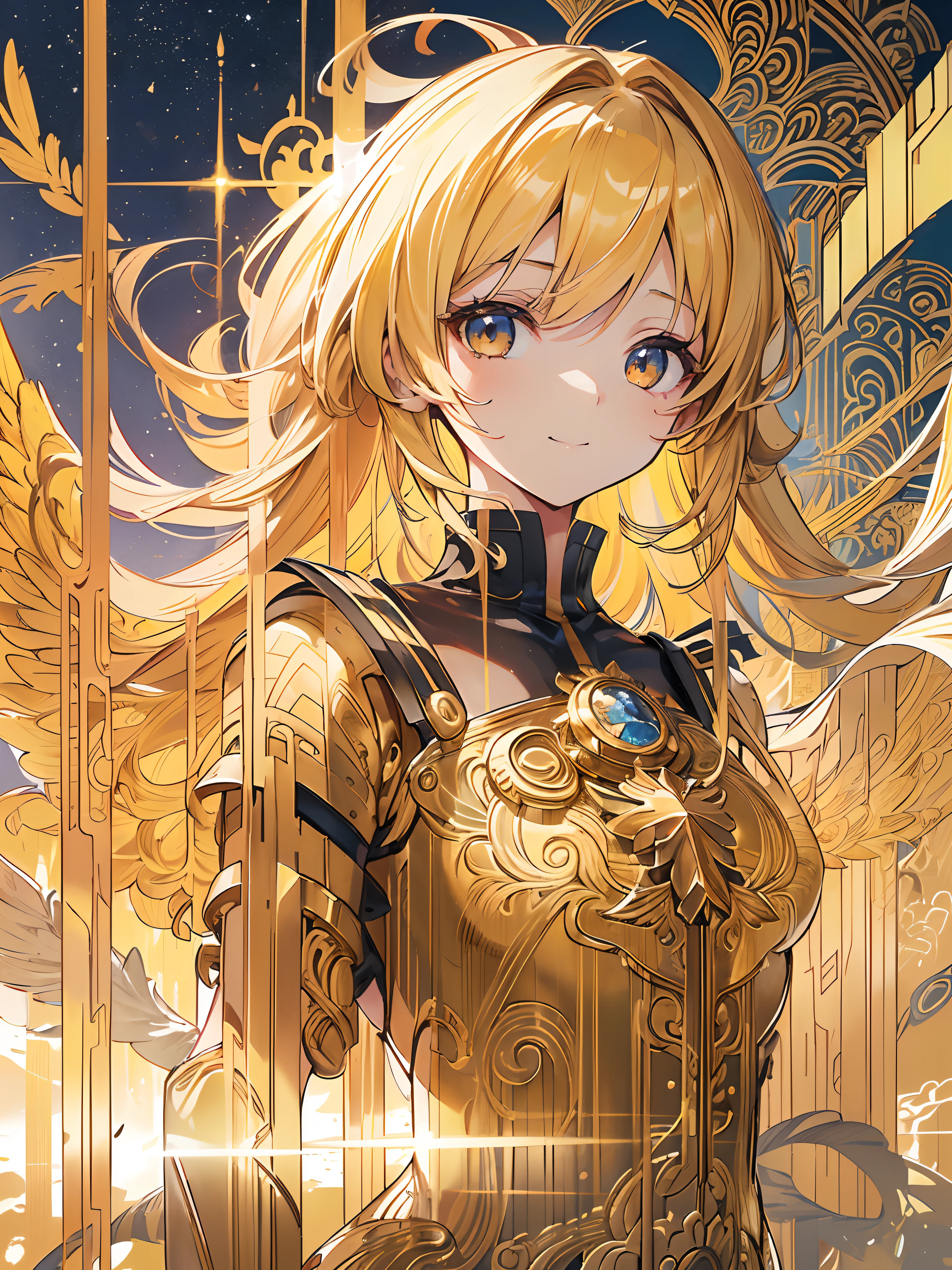 (masutepiece:1.5, Intricate details:1.3), (Best Quality, Ultra-detailed:1.3), (big golden wings), ((masutepiece)), ((Best Quality)), (Ultra-detailed), ((Extremely detailed)), 4K, ((8K)), ((Best Quality)), (Beautiful), (Illustration), Painting, Dynamic Angle, look down from above, (Beautiful sky), evening, Golden Sun Shower, She shines, Cute little girl s, 1girl in, (((Golden breastplate))), (flat chest), Cute, solo0, ((beautiful gold hair)), beautiful gold eyes, ((Beautiful eyes)), White-skinned, Long hair, lightsmile, (Wind-effect), shiny, (Flying),Bakemonogatari, Upper body,