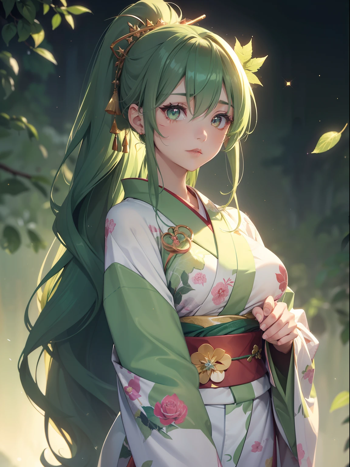 masutepiece, High resolution, 8K, anime woman, Delicate and detailed writing 、Detailed digital illustration、absurdly long hair、(((Ponytail)))、Shiny hair、a very beautiful woman、Eyes are double, Large,Little hanging eyes、 Bust E Cup、High image quality, High quality、Detailed background、((Wizard Background))、The inside of the eye shines like a diamond、(((Dark green hair)))、Gradient pupil、(((2 arms、4 fingers, 1 thumb)))、Detailed female face、a very beautiful woman、、细致背景、​masterpiece、Soft Focus , Bright gradient watercolor , Lens Flare , (((Glitter))) , Glow , Dreamy ,a miniskirt、Idol、Light Green Ribbon、Very beautiful light green rose hair accessories、Light green and gold costume with white as the main color、((Macroface))、(Cool Girl).Tall lady、Dignified.((No bangs))、(((Kimono, Red leaf print)))、Beautiful fantastic evening background