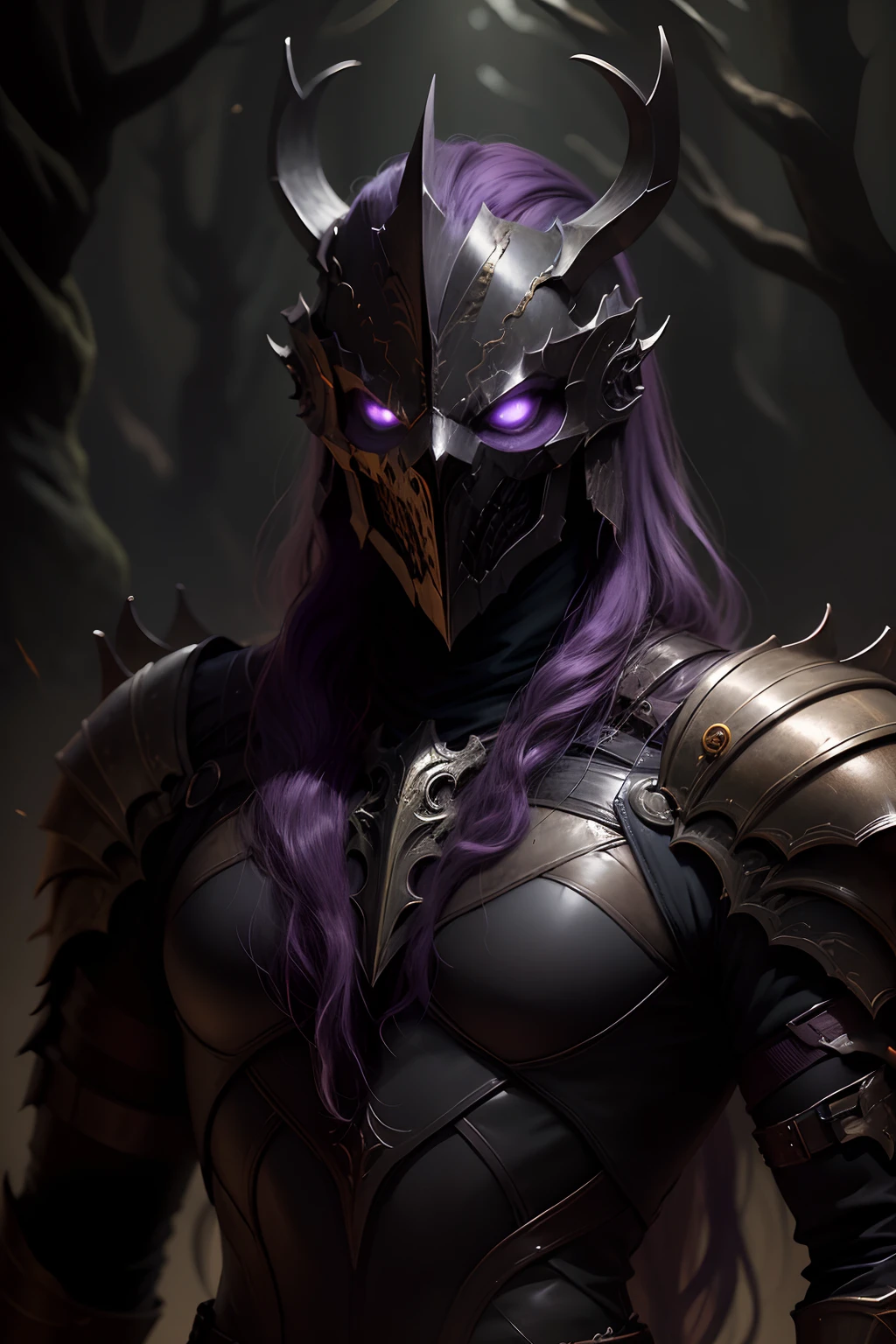 A dark armor in a creepy cartoony style with a purple aura covered with purple mist.. with a glowing star for a face