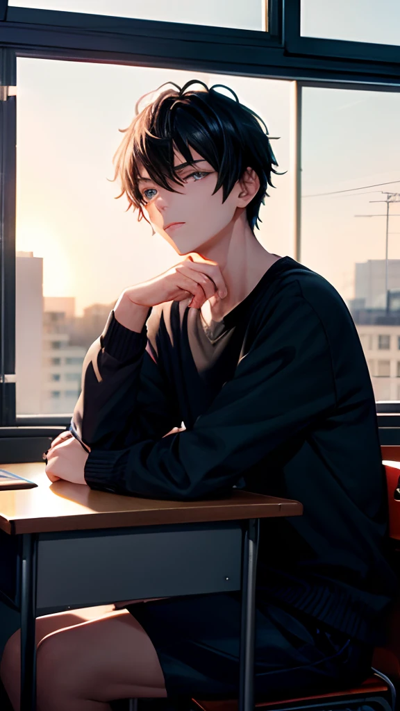 18 years old, boy, black hair, blue eyes, indifferent, looking at the nearing dusk from the window, sitting inside of an classroom,