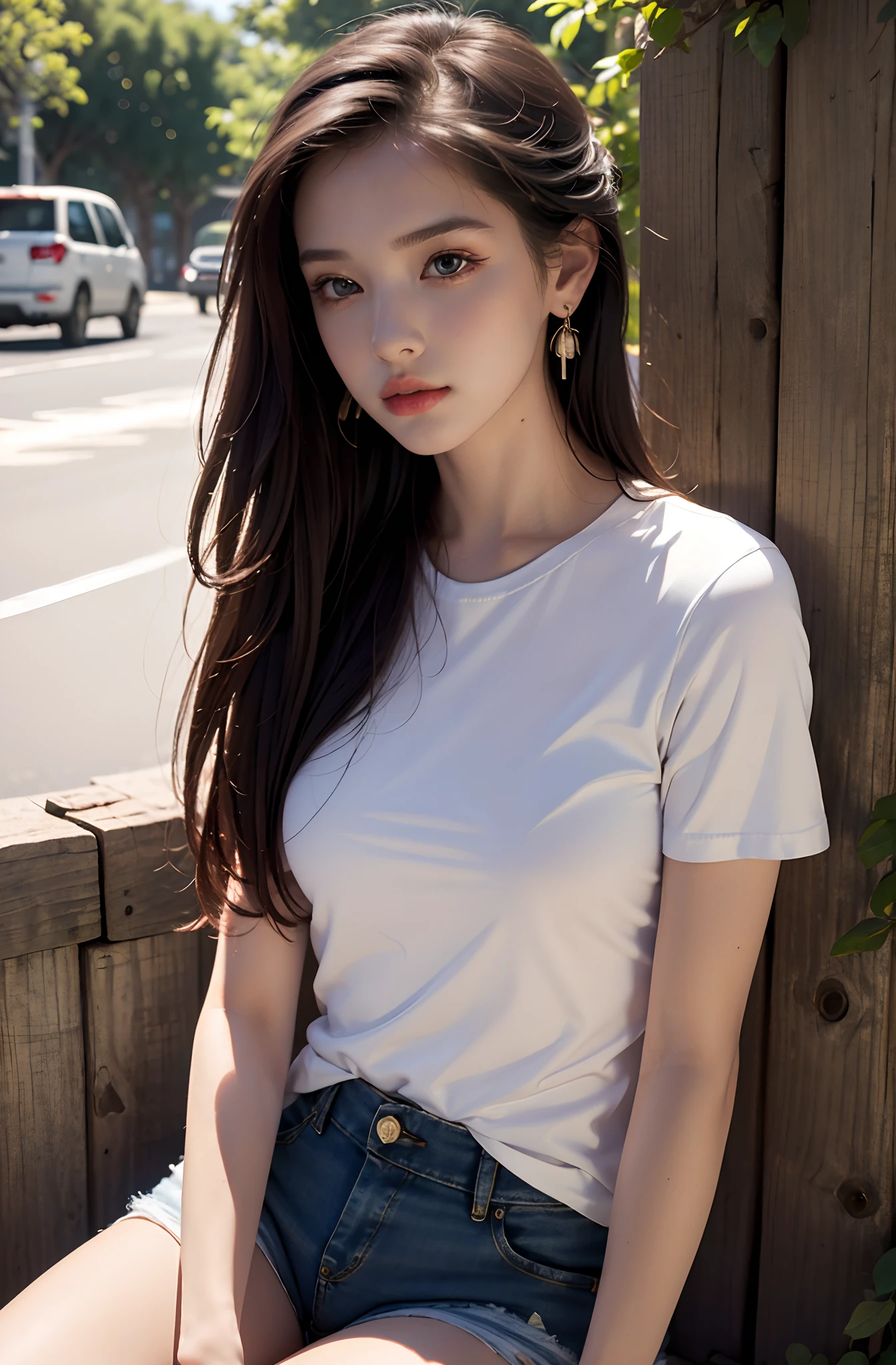Best quality, masterpiece, super high resolution, (realistic: 1.4), original photo, (evening street), 1 girl, black eyes, looking at the audience, long hair, light makeup, lips, small ears, white t-shirt, denim shorts, earrings, sitting Ferrari, big breasts, slim