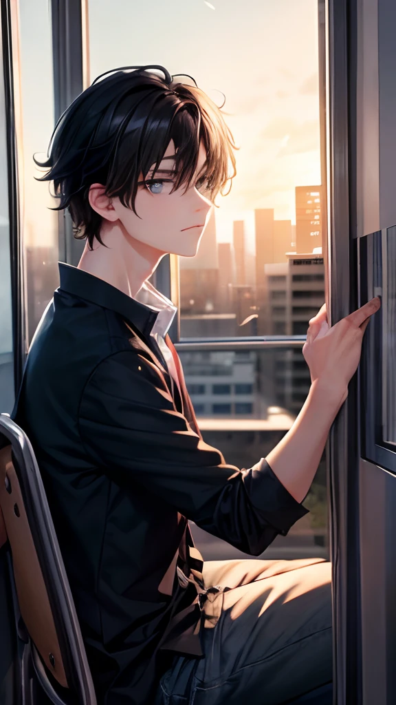 18 years old, boy, black hair, blue eyes, indifferent, looking at the nearing dusk from the window, sitting inside of an classroom,