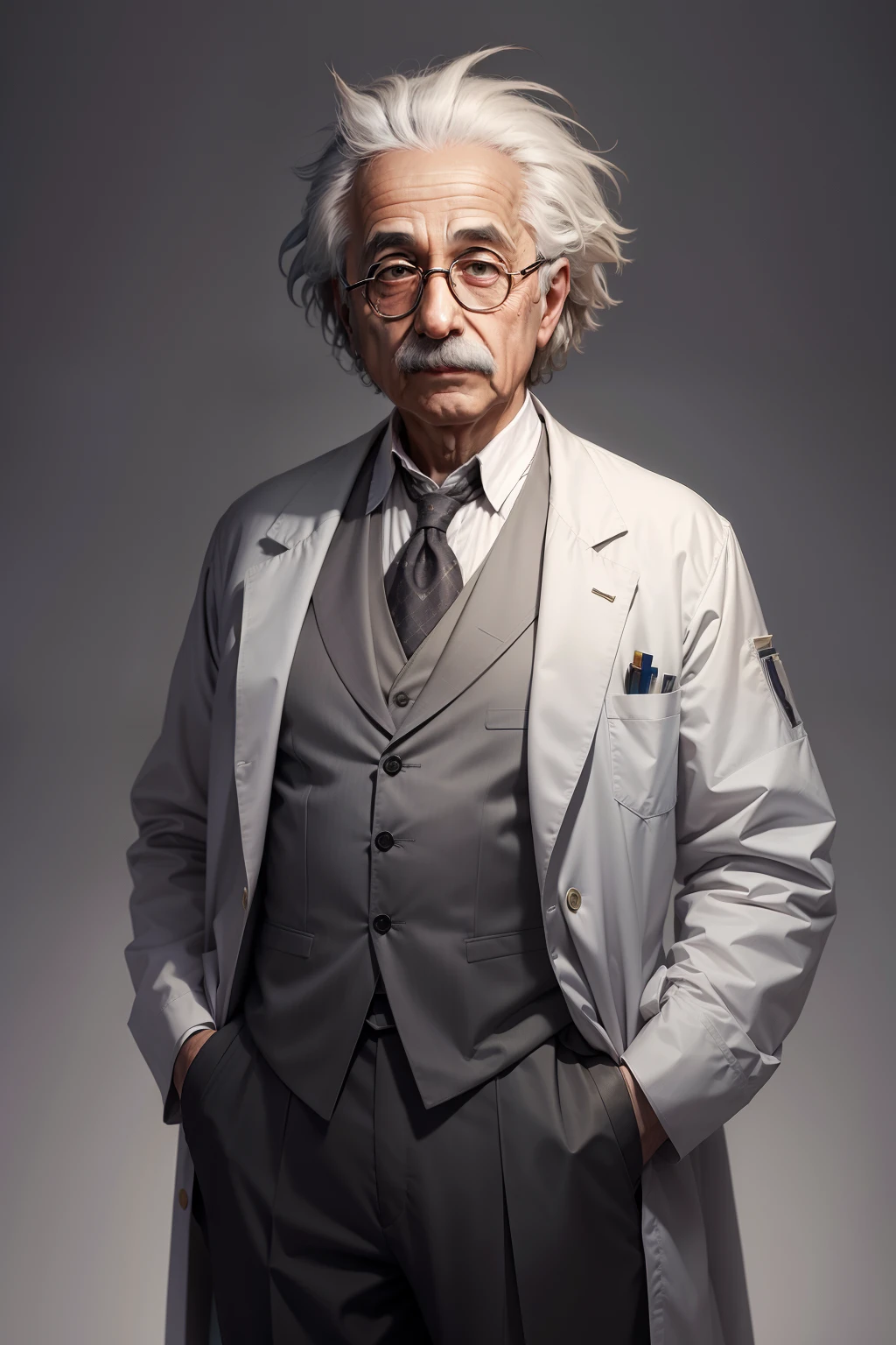 Albert Einstein in a doctor's outfit in front of a gray look