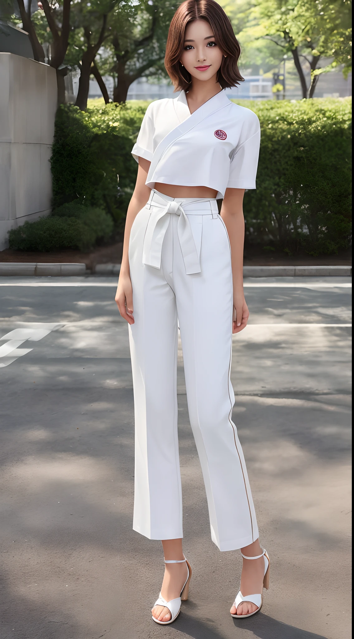 (Photorealsitic)(), Beautuful Women, (Full body 8K portrait), Colossal tits,Stand alone, White Karate Uniform, White karate pants, Perfect facial detail, (Smile: 1.15), attractive beautiful face, 二重まぶた, Beautiful detailed eyes, long eyeslashes, ligh brown hair, Bob Style Hairstyles, Toned waist, Beautiful thin legs, toned ankles, bare-legged ,TOKYOcty