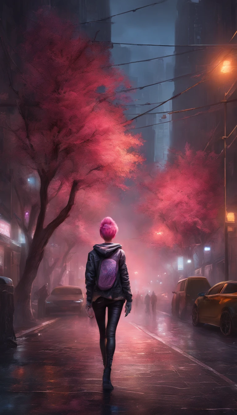 Full body, hyper realistic, view angle from the sky, ultra detailed full body shot of woman pink short hair, cyberpunk, in Night City, Ultra perfectly detailed, around road sakura trees, Cyberpunk theme, black jacket, white top, black pants, black boots, high-future vibes, head to toe image, depth of field, hyper detailed gorgeous face, natural body posture, trending on Artstation, 64k, ultra detailed, ultra accurate detailed, surrealism, ultra unreal engine, epic