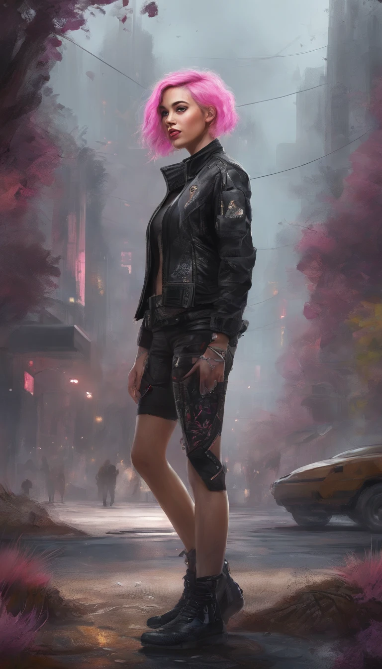 Full body, hyper realistic, view angle from the sky, ultra detailed full body shot of woman pink short hair, cyberpunk, in Night City, Ultra perfectly detailed, around road sakura trees, Cyberpunk theme, black jacket, white top, black pants, black boots, high-future vibes, head to toe image, depth of field, hyper detailed gorgeous face, natural body posture, trending on Artstation, 64k, ultra detailed, ultra accurate detailed, surrealism, ultra unreal engine, epic