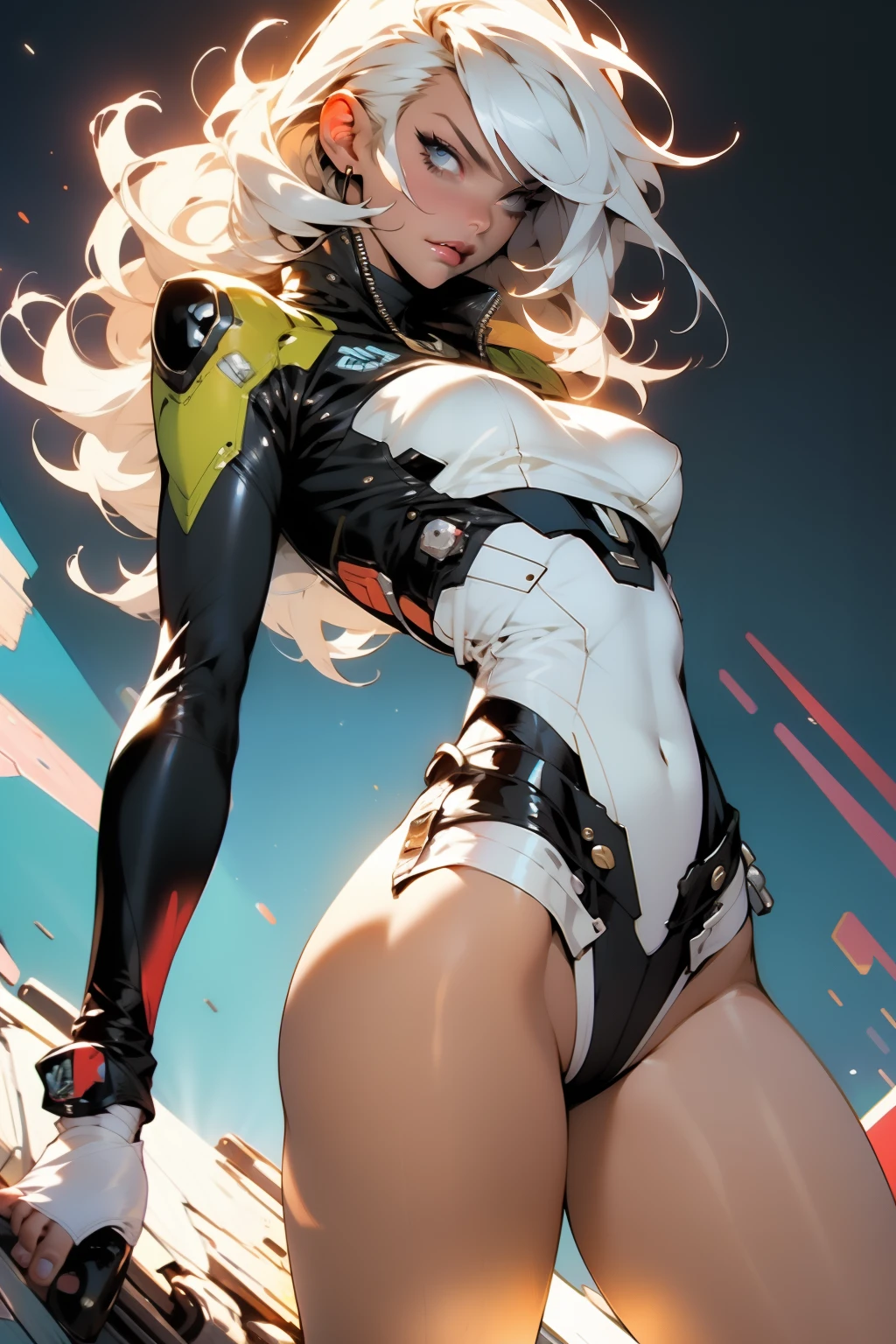 (((Simon Bisley)))), Mature woman 35 years gorgeous, giant robot pilot, wild with perfect body, bare thighs, slim thighs, long legs, white hair with bangs, wearing little clothes, tiny thong, red accent, white, yellow gold, sensual pose, pose with attitude, add movements, large breasts, technological scenery