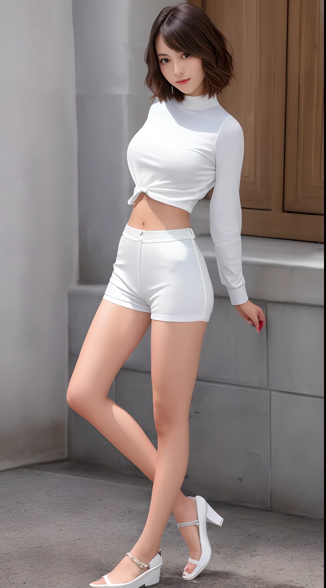 masterpiece, ultra high resolution,Charming and enchanting pose,(full body lesbian:1.3),Best Quality, 8k,(lifelike:1.3),1 girl with huge breasts,Smooth and fair skin,detailed skin,Big eyes and double eyelids,(huge cleavage out:1.25),(see through),short low cut crew neck shirt,,yoga shorts,long legs,office room,,slim abs:1.25,smile