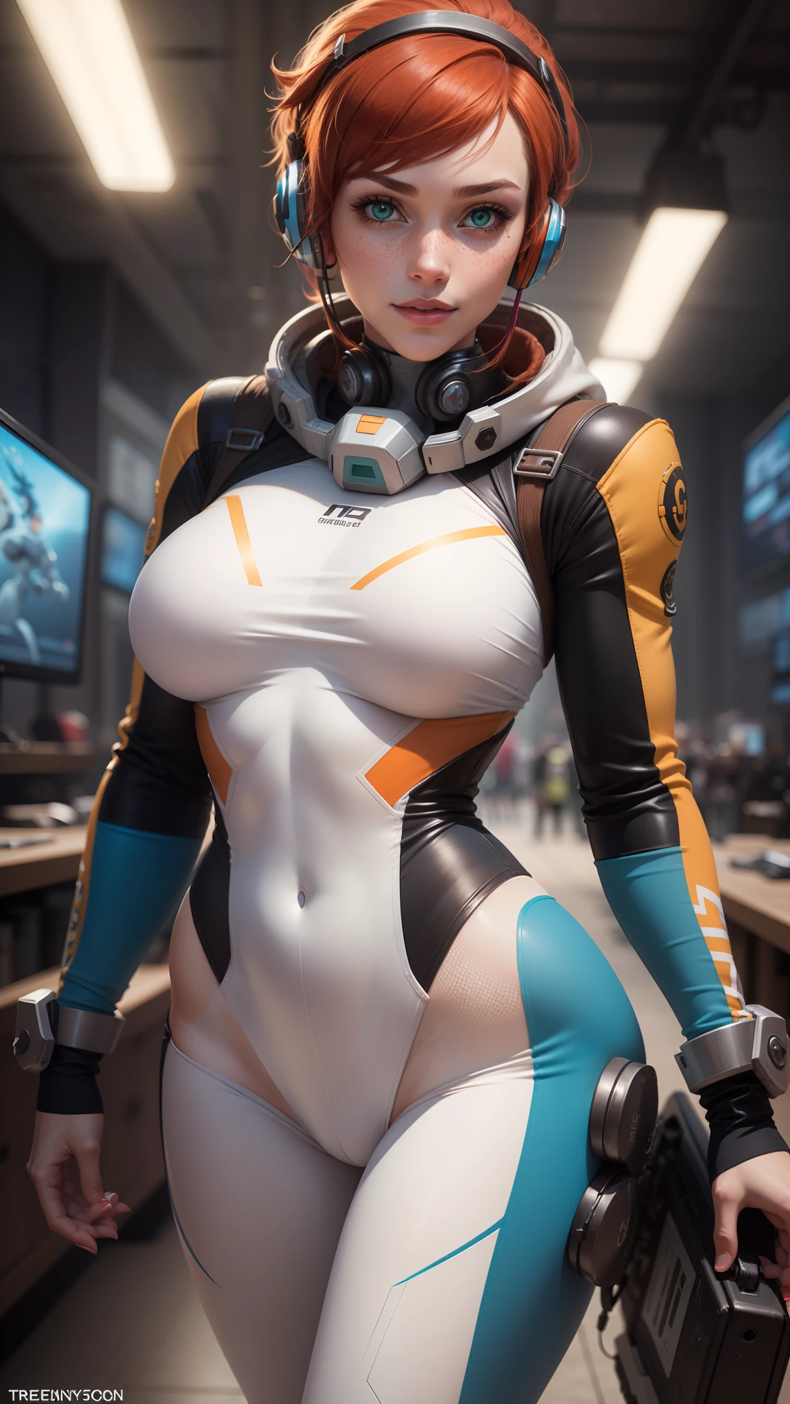 gwen tennyson,1girl,tracer,elsa,rebecca chambers,overwatch,gundam,close up,mecha pilot,space port,orange and steel plugsuit,pilot jacket,hair pin,pirate corset,white long sleeve lycra top,white leggings,short hair,cute makeup,green eyes,orange and blue hair,shy smile, freckles,redhead,beautiful girl,large breasts,ultra detailed,realistic,fantasy art, gaming headset,