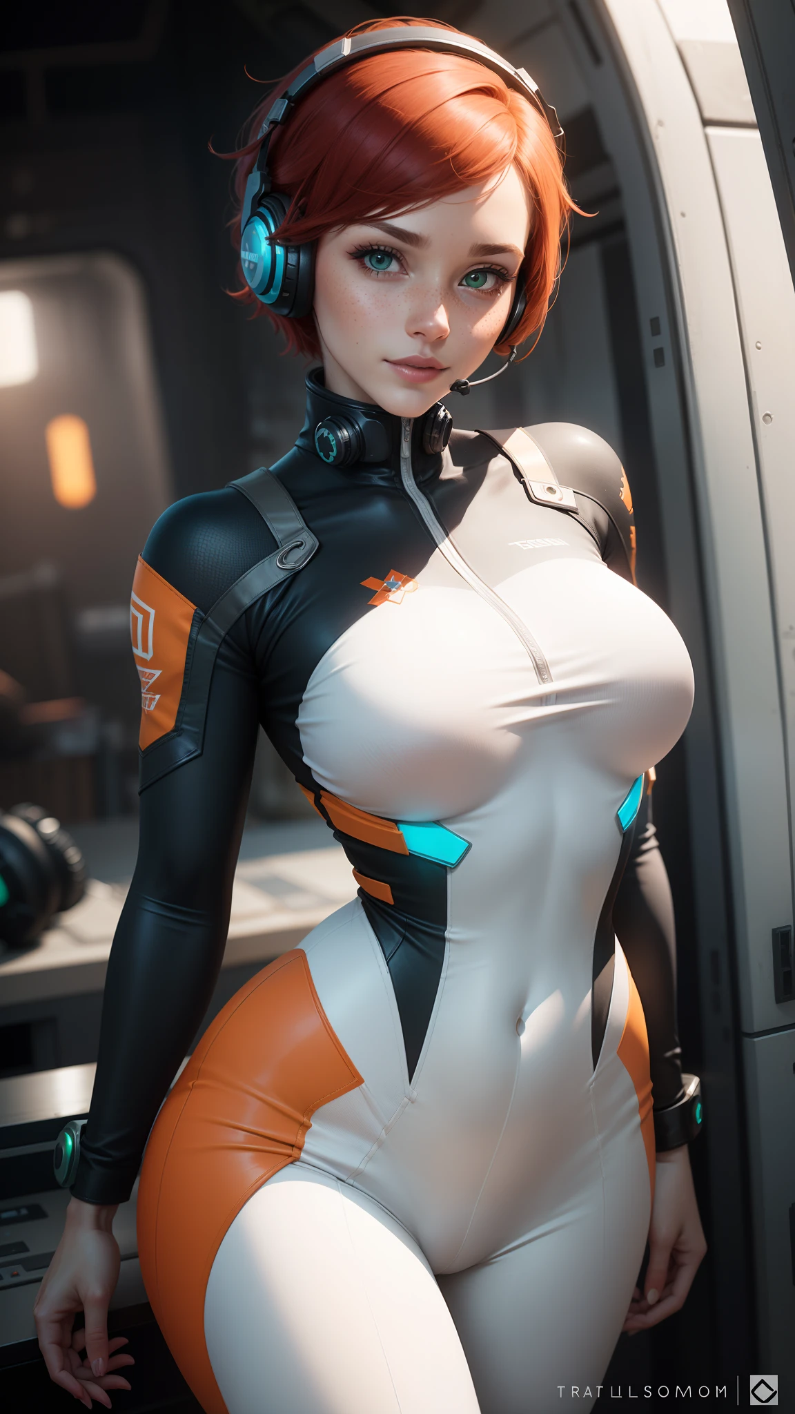 gwen tennyson,1girl,tracer,elsa,rebecca chambers,overwatch,gundam,close up,mecha pilot,space port,orange and steel plugsuit,pilot jacket,hair pin,pirate corset,white long sleeve lycra top,white leggings,short hair,cute makeup,green eyes,orange and blue hair,shy smile, freckles,redhead,beautiful girl,large breasts,ultra detailed,realistic,fantasy art, gaming headset,
