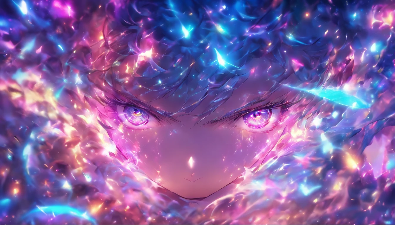 cosmic fallen angel, olhos claros brilhantes, rosto delicado e bonito,Peito grande,Biomechanicals, estranho, Semelhante a um sonho, cores muito brilhantes, light particles, com luz brilhante, Mshiv, Arte do papel de parede, Papel de parede UHD