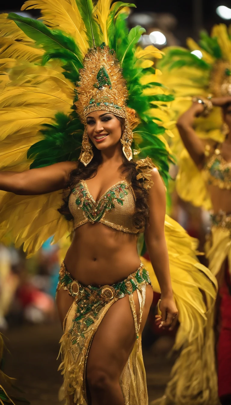 | The image features a beautiful Brazilian woman amidst the vibrant    |
| Carnival of Brazil. She is blonde, with porcelain skin that           |
| accentuates her beauty. Her figure is voluptuous and athletic, with a |
| firm body that exudes confidence and vitality. She is dressed as a    |
| samba dancer, wearing a spectacular samba costume that is a true     |
| masterpiece of Brazilian craftsmanship.                                |
|                                                                       |
| The samba costume is adorned with bright and eye-catching colors     |
| such as red, gold, and green, which are typical of Carnival costumes |
| in Brazil. The details of the costume are exquisite, with sequins,    |
| feathers, and gemstones that capture light and the attention of       |
| everyone present. The woman wears colorful feathers on her head and   |
| a headdress that adds a touch of elegance and opulence to her attire.  |
|                                                                       |
| She is in the midst of a vibrant Carnival celebration, surrounded    |
| by music, dance, and a joyful crowd. Her face radiates joy and        |
| excitement as she immerses herself in the festive energy of the event.|
 of a father