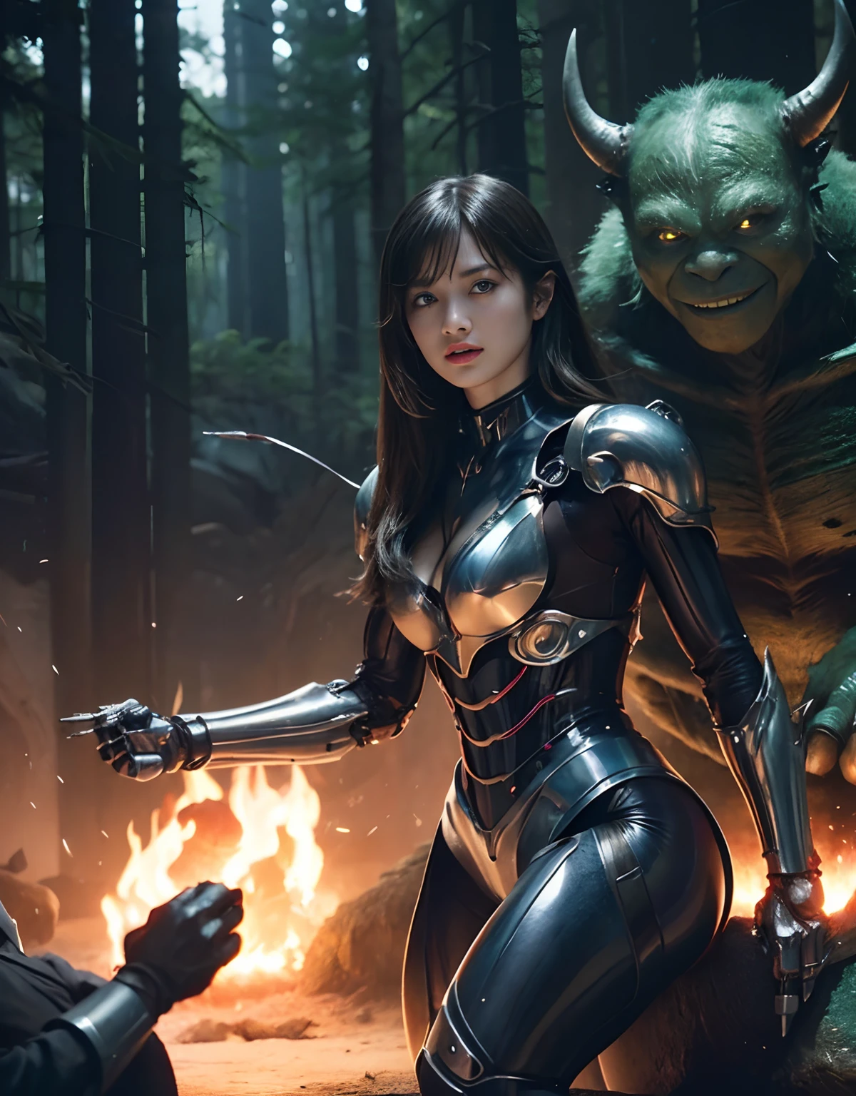 (1 Mechanical Girl)、top-quality、masterpiece、超A high resolution、(Photorealsitic:1.4)、Raw photo、女の子1人、Fight mutants、glowy skin、(((1 Mechanical Girl)))、With a beautiful knife、(Green Metal Bodysuit)、(Kobold、ogre、Fierce battle with orcs),(Fight fiercely against aliens)、Fight fiercely、(beautiful forest background)、(Fighting Demonic Beasts)、(Small LED)、((super realistic details))、portlate、(Strong giant demon beast background),globalillumination、Shadow、octan render、8K、ultrasharp、Colossal tits、Raw skin is exposed in cleavage、metals、Details of complex ornaments、Japan details、highly intricate detail、Realistic light、(Mystical expression),CGSoation Trends、Blue eyes、radiant eyes、Facing the camera、neon details、(Mechanical limbs)、(blood vessels connected to tubes)、Mechanical vertebrae attached to the back、mechanical cervical attaching to neck、(Wires and cables connecting to the head)、Gundam、Small LED、,Mechanical thighs、Toostock、(Hands are also made of machines)、(Attack of the Monster Beasts)、(Wounded in a deadly battle)、