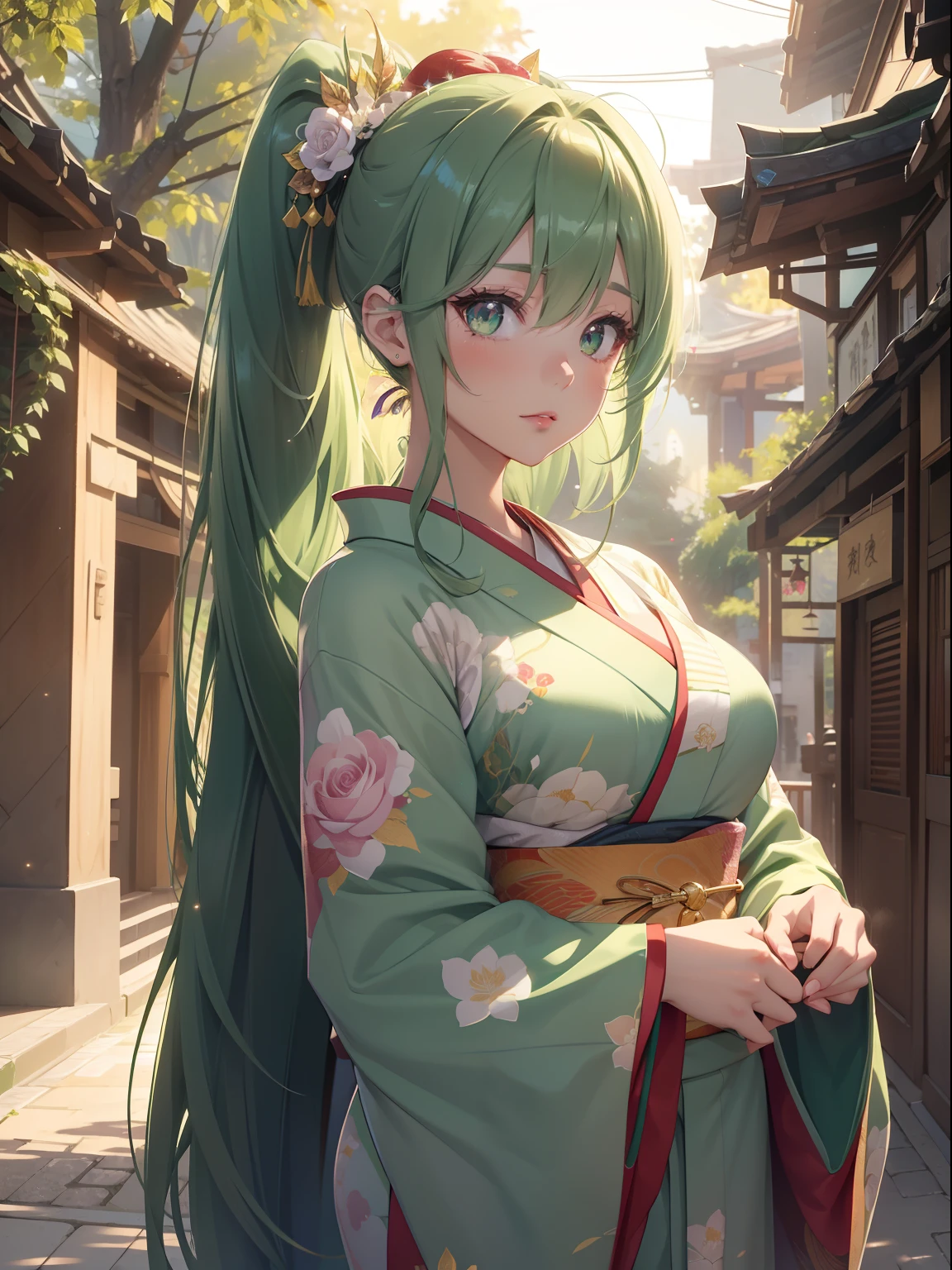 masutepiece, High resolution, 8K, anime woman, Delicate and detailed writing 、Detailed digital illustration、absurdly long hair、(((Ponytail)))、Shiny hair、a very beautiful woman、Eyes are double, Large,Little hanging eyes、 Bust E Cup、High image quality, High quality、Detailed background、((Wizard Background))、The inside of the eye shines like a diamond、(((Dark green hair)))、Gradient pupil、(((2 arms、4 fingers, 1 thumb)))、Detailed female face、a very beautiful woman、、细致背景、masterpiece、Soft Focus , Bright gradient watercolor , Lens Flare , (((Glitter))) , Glow , Dreamy ,a miniskirt、Idol、Light Green Ribbon、Very beautiful light green rose hair accessories、Light green and gold costume with white as the main color、((Macroface))、(Cool Girl).Tall lady、Dignified.((No bangs))、(((Kimono, Red leaf print)))、Beautiful fantastic night background