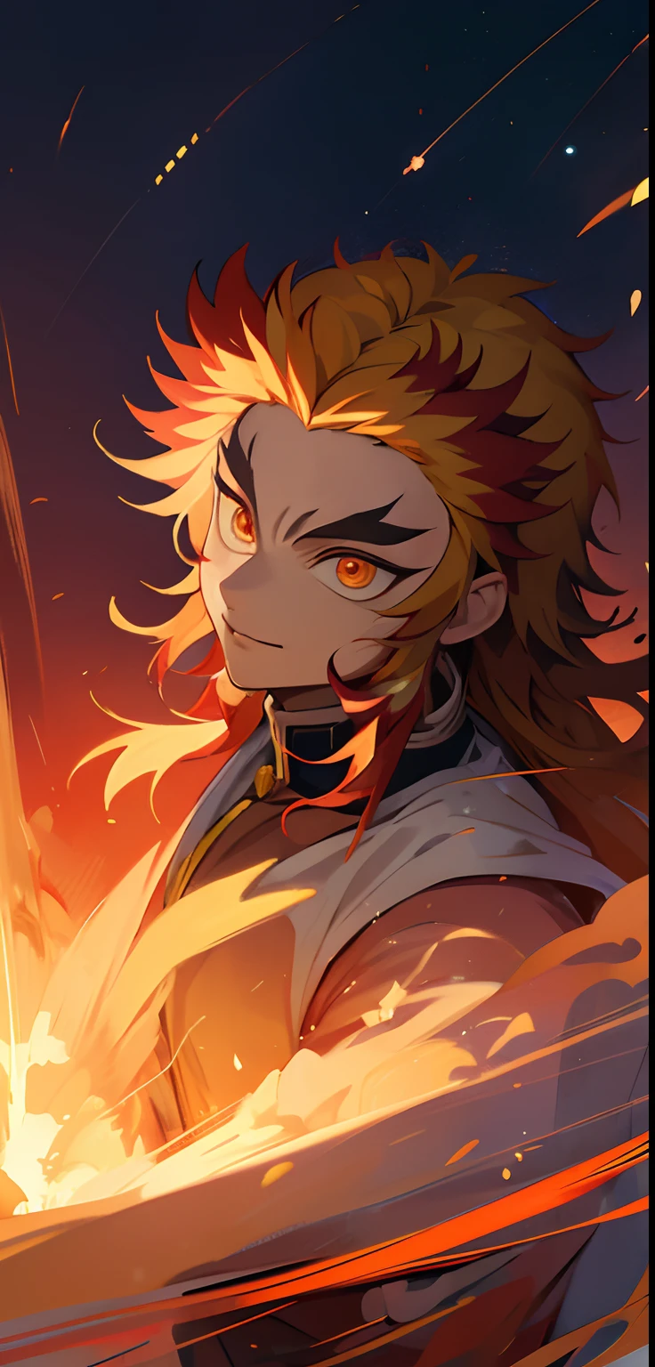 Rengoku Kyoujurou, 1 Homem, inclinando-se para o espectador, Visualizador voltado, postura de batalha, Chamas, vento, luz brilhante, beautiful lighting, sorridente, Determined expression