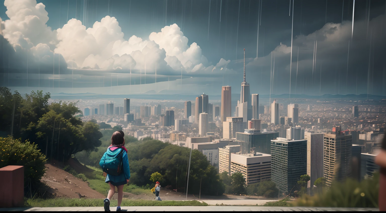 High resolution, ultra realista, 8k , one children , Punto de vista de la ciudad, Camino espejo con lluvia