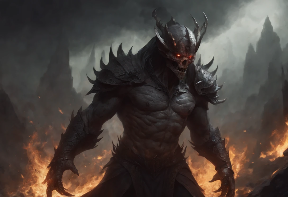 (masterpiece:1.2), (bestquality:1.2) Nihilus is one of the five main demons in this new RPG., An evil self that represents desolation and destruction.. Its appearance is monstrous and stately., Emit an aura of darkness and chaos.. He was depicted as a gigantic figure., About ten feet tall.. Nihilus' form is distorted and monstrous.. Your body is made up of shadows and flames., As if it were constantly changing.. It does not have a solid physical form., It looks like a black mass in constant motion.. Black flame rises from cracks on the surface., Create a scary atmosphere around you.. Nihilus' head is a combination of peculiar animal and human characteristics.. His eyes are bright and fierce., With a red iris that seems to penetrate the soul.. It has a mouth full of sharp fangs., It can emit a roar that resonates through the desolate.. Its limbs are long and slender., Covered in undulating shadows that seem to take their own lives.. His hands are bent., sharp claws;, It can send devastating bombs.. As he moved,, Traces of destruction and darkness spread across the ground., As if everything he touched was consumed by desolation.. In his paintings., Nihilus is depicted in a desolate and destructible environment., with desert terrain and burning debris around him.. His presence dominated the scene., And the light seemed to be diffusing in his vicinity., Plunging everything in the dark.. He is in a mischievous and frightening posture., Radiates a sense of supremacy. Nihilus' paintings convey an atmosphere of despair and destruction., Capture his essence as Lord of Desolation.. Your presence in RPG games will pose a huge and scary challenge., Pit the player against enemies trying to reduce everything to crumble and darkness..
