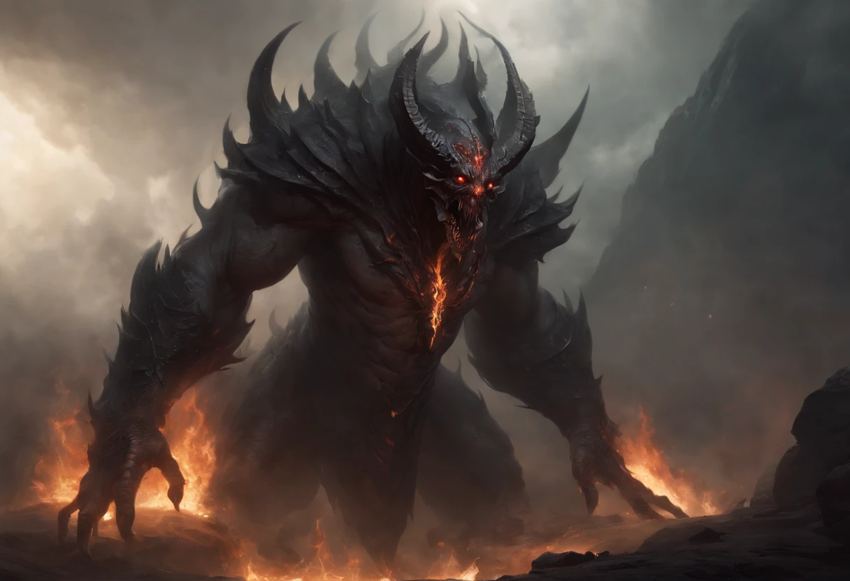 Best quality, masterpiece, night, thunderstorm, there is a big monster with a huge head and a huge body standing on a big pit in the ground, his face glows blue light, Demon Souls concept art, Dark Concept Art, Diablo digital concept art, Dota 2 concept art, Dramatic concept art, Dark Souls concept, Diablo concept art, Ominous fantasy illustration, Monster concept art, League of Legends concept art, Riot game concept art, Dark fantasy concept art, Dark Souls concept art, black and blue, drawn by Nguyen Jia,