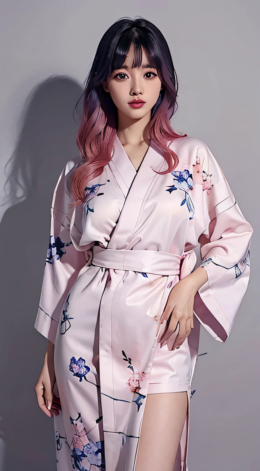 1girl in, Solo, Kimono, komono, multicolored hair, Black background, Bangs, Simple background, Lips, Looking at Viewer, sash, Blunt bangs, with floral pattern, Pink hair, Closed mouth, grey eyes, Standing, Eyelashes, White hair, Obi, Cowboy Shot, makeup, Medium Hair, print kimono, Long sleeves, Gradient Hair, Wide sleeves, Pink lips, Nose, watermarked, Two-tone hair、Huge buttocks、Colossal tits、Wet