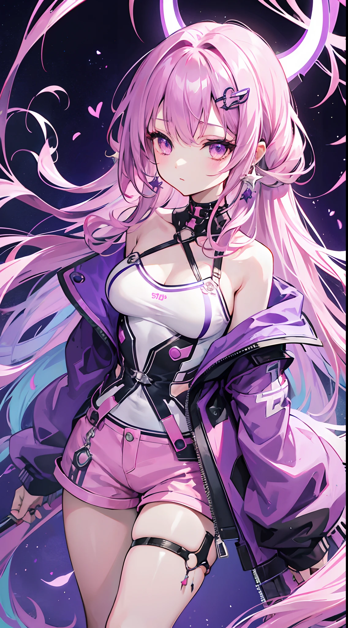 Light purple slightly curly long hair,Medium dispersion of messy hair curtains,Star ring hair ornament,Crystal purple eyes,Cross earrings,expressiveless,A look of determination,Micro makeup,Black fishing net jacket,Long pink off-the-shoulder sleeves,Pink denim shorts,tall girl,Double dango hair style,cyber punk perssonage,Video game style,A sense of future technology,