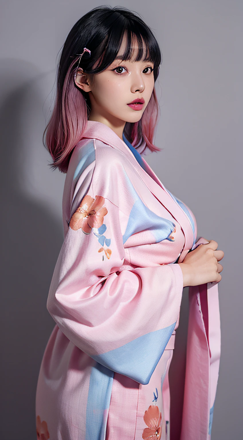 1girl in, Solo, Kimono, komono, multicolored hair, Black background, Bangs, Simple background, Lips, Looking at Viewer, sash, Blunt bangs, with floral pattern, Pink hair, Closed mouth, grey eyes, Standing, Eyelashes, White hair, Obi, Cowboy Shot, makeup, Medium Hair, print kimono, Long sleeves, Gradient Hair, Wide sleeves, Pink lips, Nose, watermarked, Two-tone hair、Huge buttocks、Colossal tits、Wet