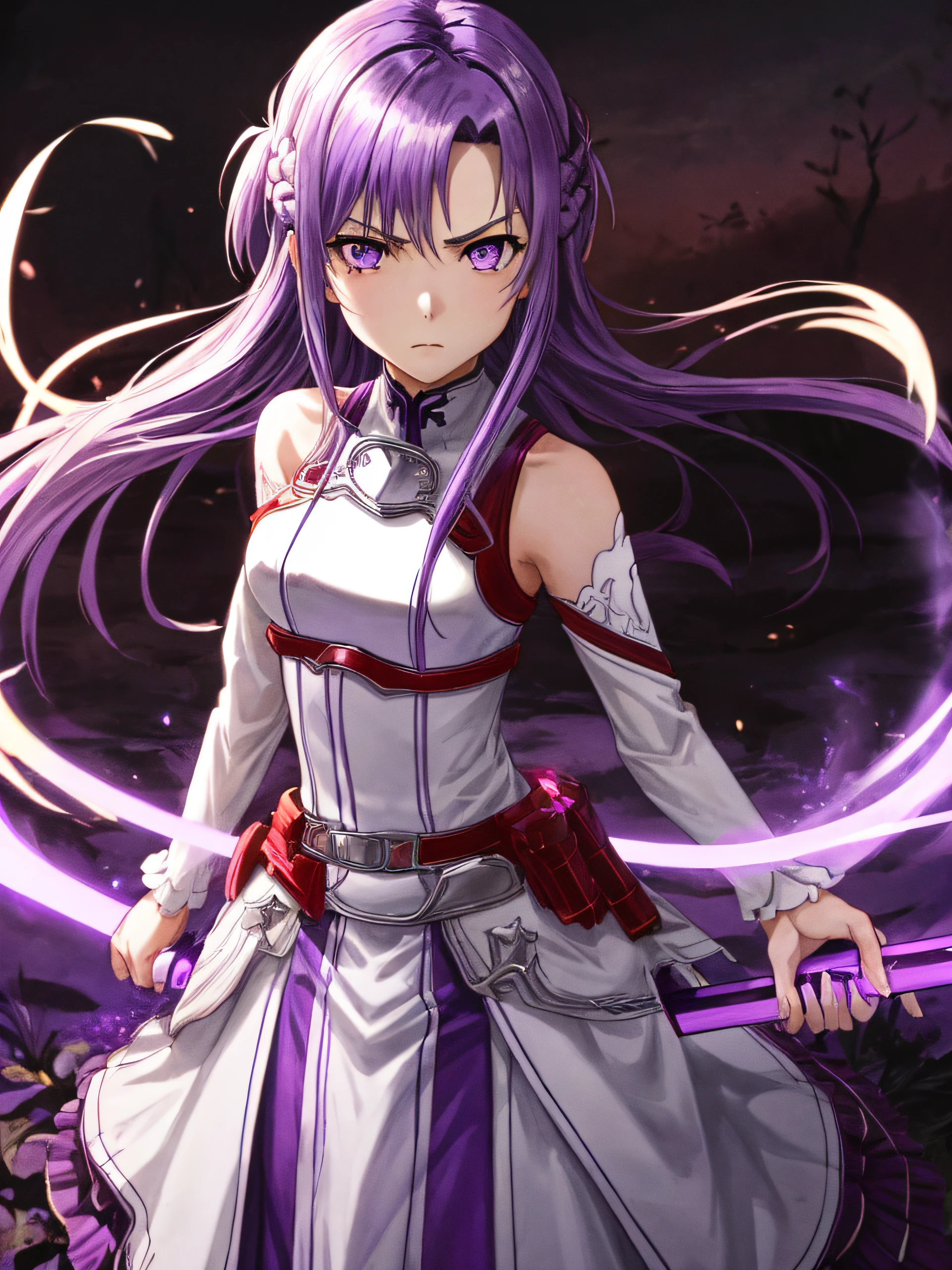 An ultra-high picture quality、(​masterpiece)、[[3D images:1.25]]、(top-quality:1.2)、Sword-wielding girl, Solo, Singhati, Serious, Grip the purple lightsaber, Fighting stance, illustratio、Red and white attire、full-body view,best pictures,Close up of Asuna Yuuki holding a sword、(((\Asuna fell into the darkness with purple hair and purple eyes\)))、Attractive petite cute girl, Cowboy Shot,
