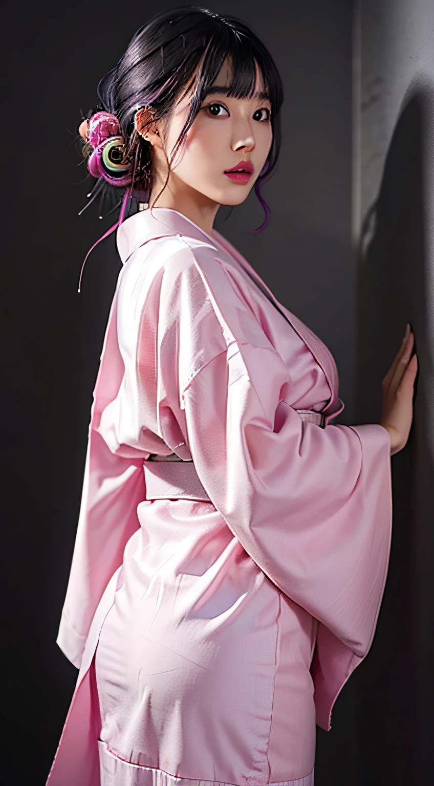 1girl in, Solo, Kimono, komono, multicolored hair, Black background, Bangs, Simple background, Lips, Looking at Viewer, sash, Blunt bangs, with floral pattern, Pink hair, Closed mouth, grey eyes, Standing, Eyelashes, White hair, Obi, Cowboy Shot, makeup, Medium Hair, print kimono, Long sleeves, Gradient Hair, Wide sleeves, Pink lips, Nose, watermarked, Two-tone hair、Huge buttocks、Colossal tits、Wet