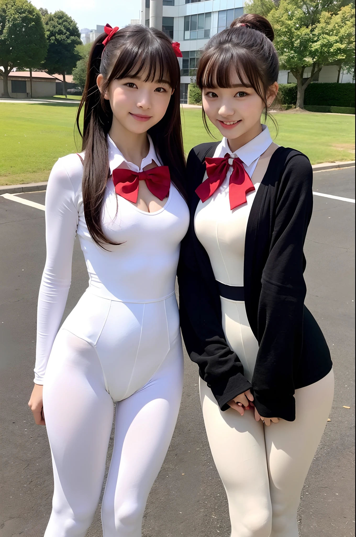 2 girls standing in school yard,long-sleeved and seemless and one-piece white jumpsuit style unitard with long compression shorts and long leggings,red bow tie,hair bow,18-year-old,bangs,a little smiles,thighs,crotch,knees,short cut hair,ponytail,from below