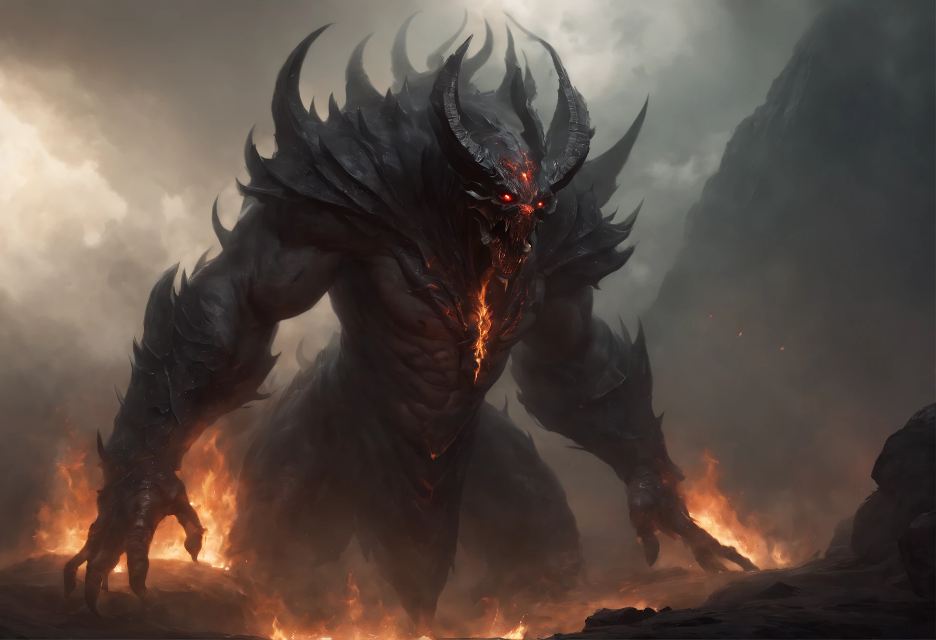In this awe-inspiring splash art painting for an epic fantasy card game, a dark and foreboding atmosphere envelops the scene. A colossal demonic entity, exuding apocalyptic dread and raw destructive power, dominates the composition. Its monstrous form is clad in a mix of charred volcanic rock and metallic armor, with a grotesque face, massive glowing horns, and fiery eyes. The creature wields a massive, spiked gauntlet engulfed in flames, emphasizing its destructive capabilities. The color palette features fiery oranges, reds, and yellows, contrasting with the dark shadows and desolate background. The hellish landscape and supernatural themes contribute to a sense of horror and despair, while the glowing pendant hanging from the demon's neck adds mystery and deeper lore.