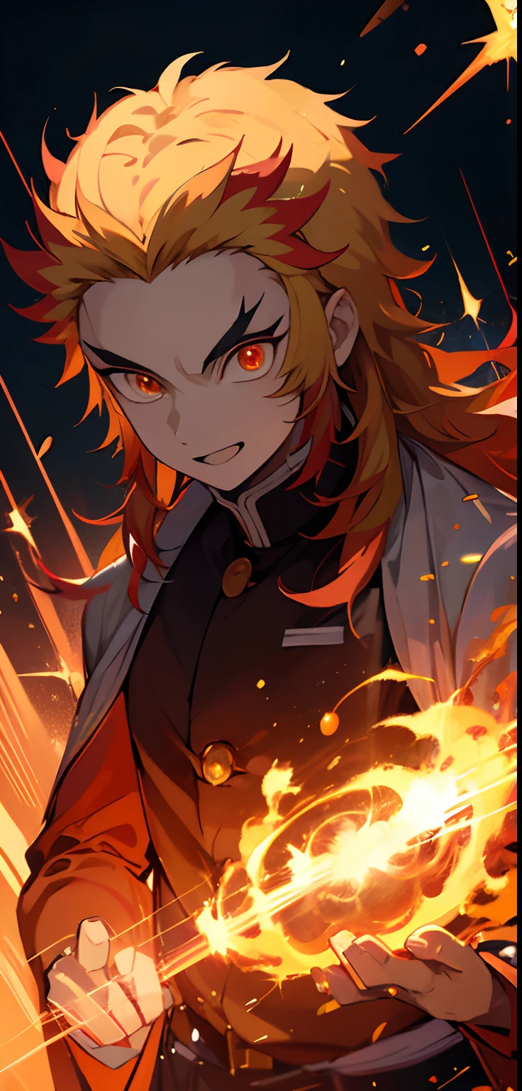 Rengoku Kyoujurou, 1 Homem, inclinando-se para o espectador, Visualizador voltado, postura de batalha, Chamas, sparking lights, flame explosion,  vento, luz brilhante, beautiful lighting, sorridente, Determined expression