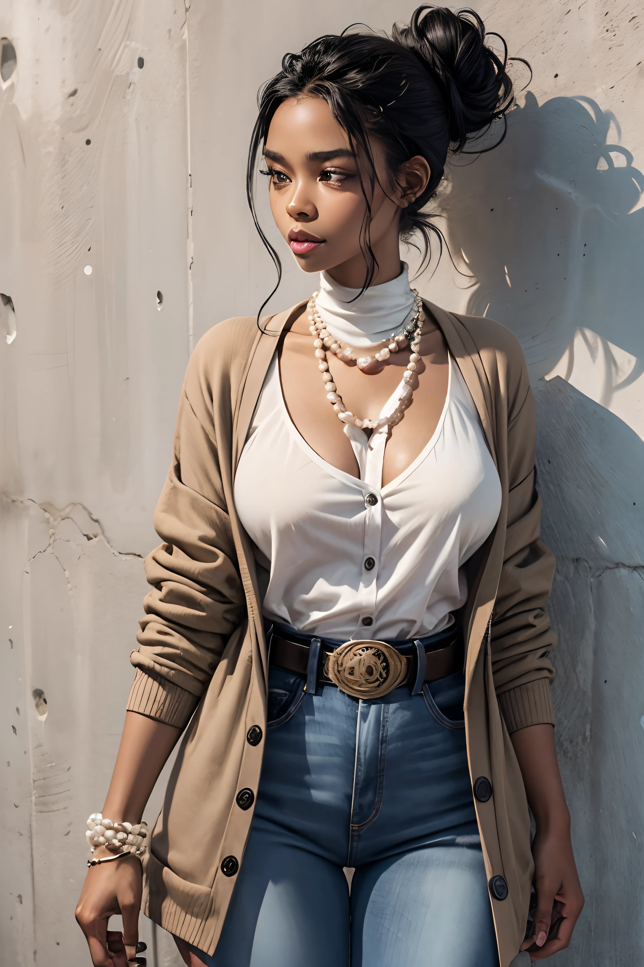 black skin women, messy bun hair, thin and wide set eyes, button nose, black cardigan, white inner, thick lips, western belt, jeans, pearl neckless, protruding chin, sunken cheeks, tiny breast, thin eyebrows, long shaped face