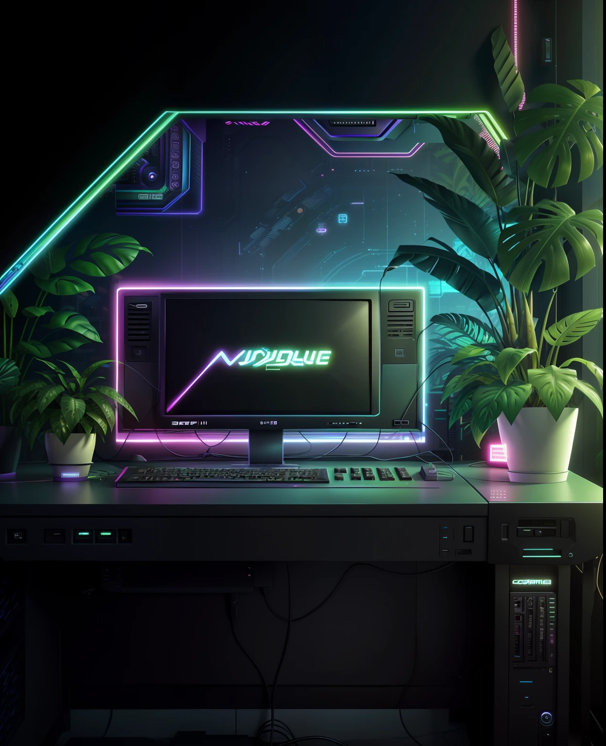 Close-up of computer with plants and keyboard, vaporwave jungle, style hybrid mix of beeple, beeple style, beeple daily art, cyberpunk vaporwave, maximalist maximalism vaporwave, beeple!!, in the style of beeple, Computer aesthetics, beeple masterpiece, beeple artwork