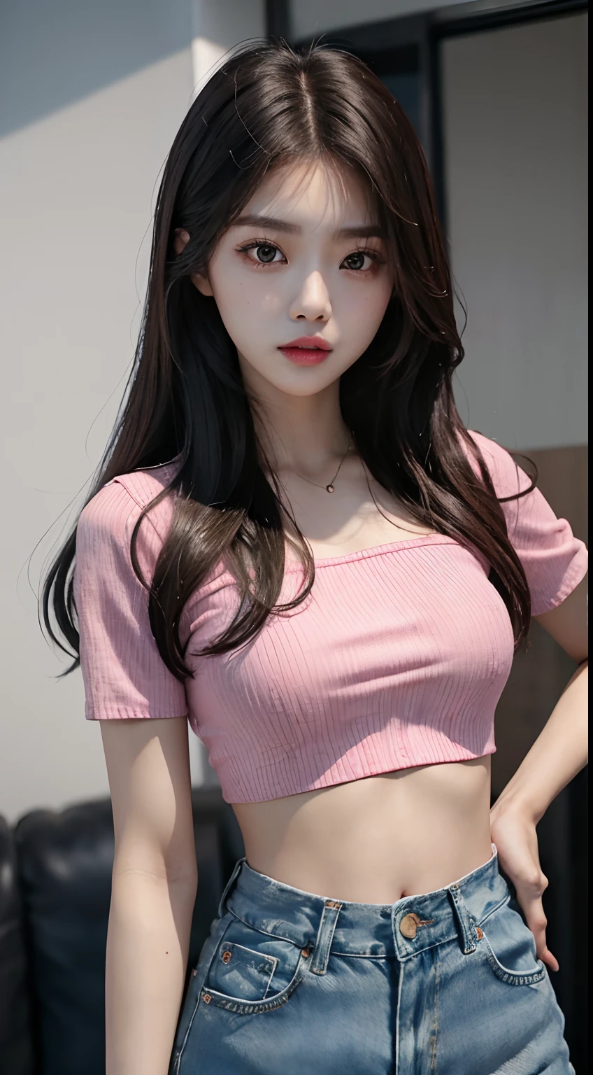a close up of a woman in a pink top and jeans, korean girl, tzuyu from twice, beautiful south korean woman, roseanne park of blackpink, beautiful young korean woman, gorgeous young korean woman, jaeyeon nam, korean woman, jossi of blackpink, jinyoung shin, sun yunjoo, wearing crop top, wearing a sexy cropped top, bae suzy