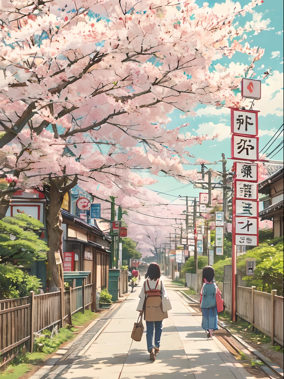 Chubu Japan Railway、Japan countryside、shoun、Cinematic scenery、Studio Ghibli、cherry trees、during daytime、​​clouds、masutepiece,Best Quality,Sketch style、
