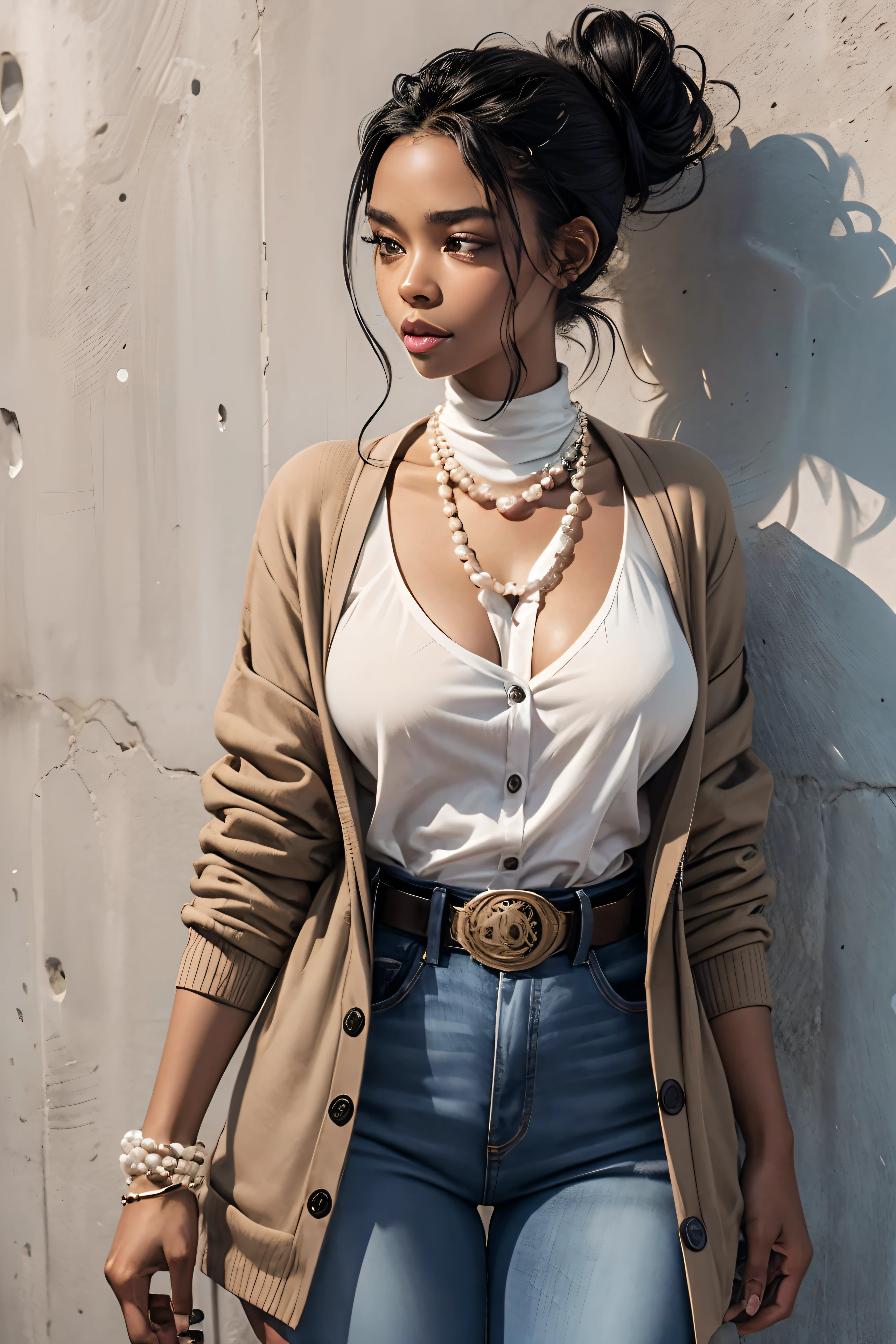 black skin women, messy bun hair, thin and wide set eyes, button nose, black cardigan, white inner, thick lips, western belt, jeans, pearl neckless, protruding chin, sunken cheeks, tiny breast, thin eyebrows, long shaped face