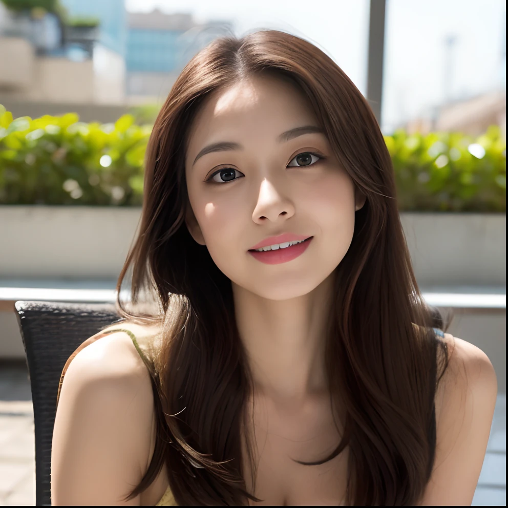 ((of the highest quality, 8K, masutepiece: 1.3)), Beautiful Girl, pure, Melon face, gentle and cute, Sweet kiss gestures, Sweet smile, pure lust, Slender body, (front), (Head Tilted), ((Looking at the camera))), Wearing dresses with different patterns and colors, Medium Hair, Normal Chest, Long flowing shoulders, Big round black eyes, Big clear eyes, Moist red. Lips, Dolce, Sitting on a chair, Cafe terrace background in the afternoon, (((Shot from the waist up))),