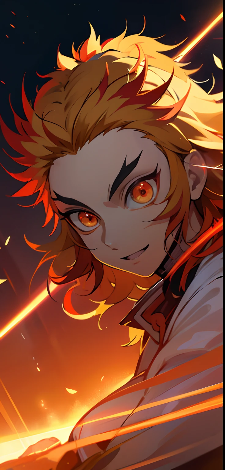 Rengoku Kyoujurou, 1 Homem, inclinando-se para o espectador, Visualizador voltado, postura de batalha, Chamas, vento, luz brilhante, beautiful lighting, sorridente, Determined expression