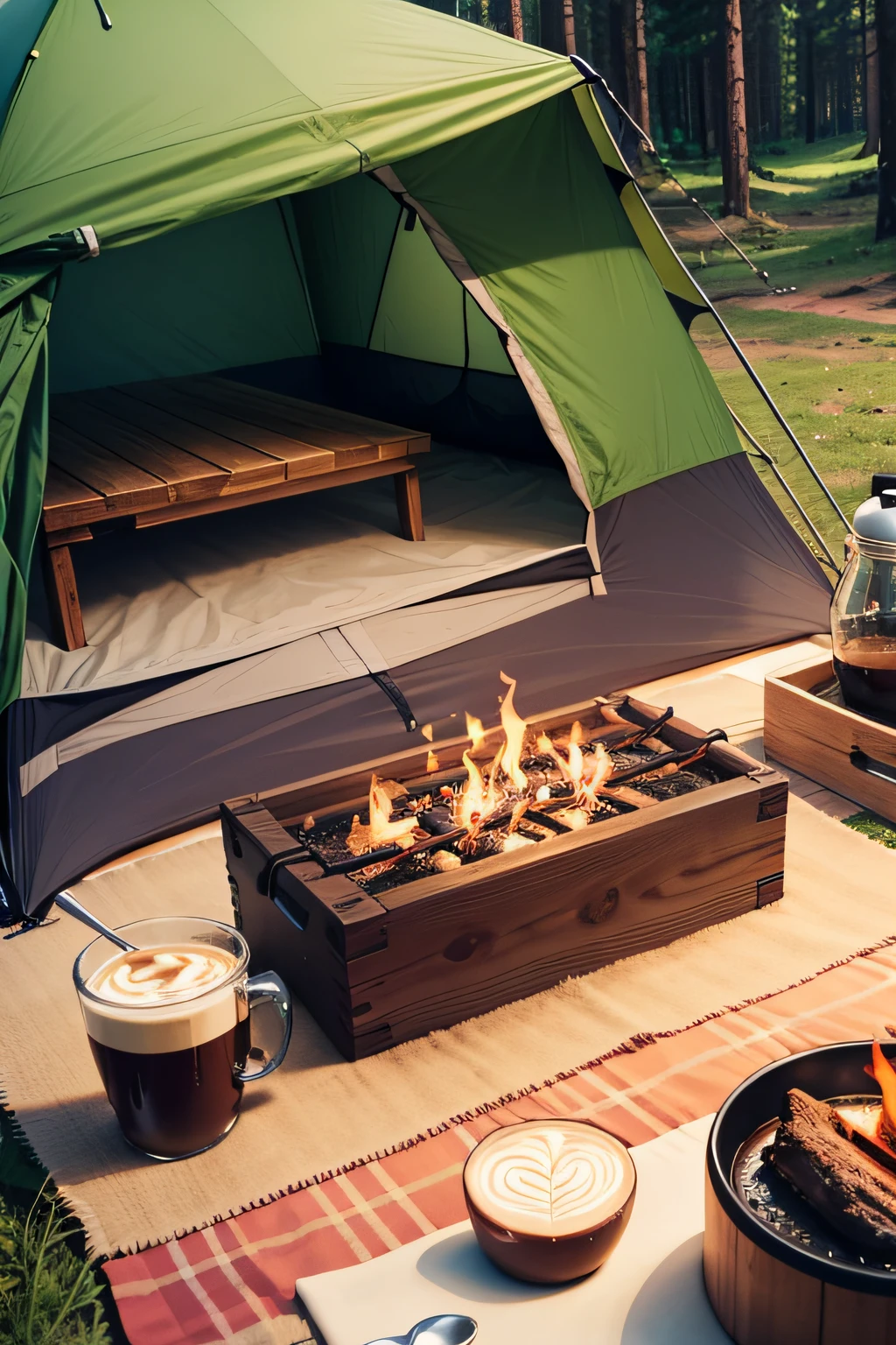 Camping photo with coffee on the table