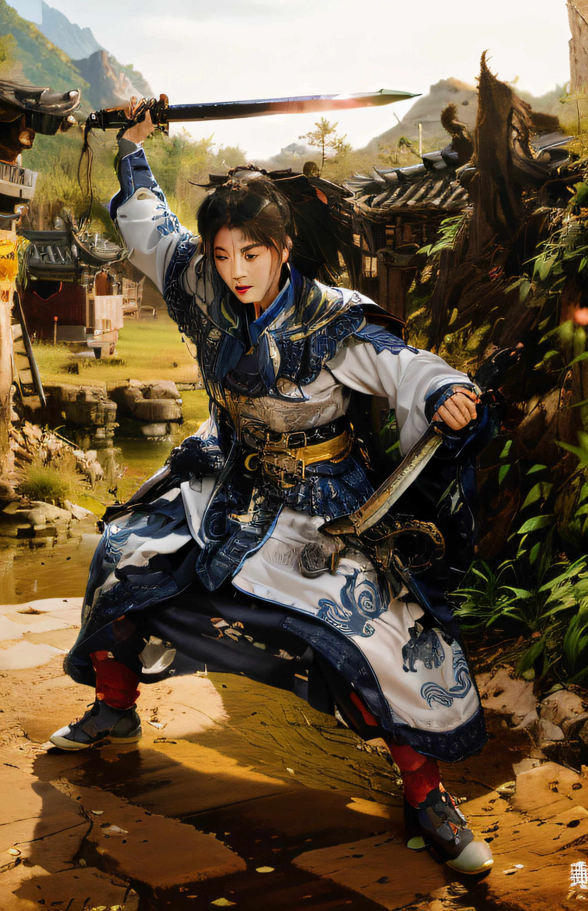 (Unreal Engine 5),Realistic rendering, (villages), （Chinese armor），A woman from the Three Kingdoms practices her sword in the village，Double knife in hand， Song Dynasty pastoral songs, ukiyo-style，epic full color illustration, inspired by Li Kan, tai warlord, Inspired by Chen Danqing, The feeling comes from Shen Quan, Inspired by Hu Zaobin, inspired by Zhu Derun, Inspired by Huang Shen, inspired by Li Rongjin, Inspired by Shen Zhou，inspired by Lu Zhi, author：Yoon Du-seop,