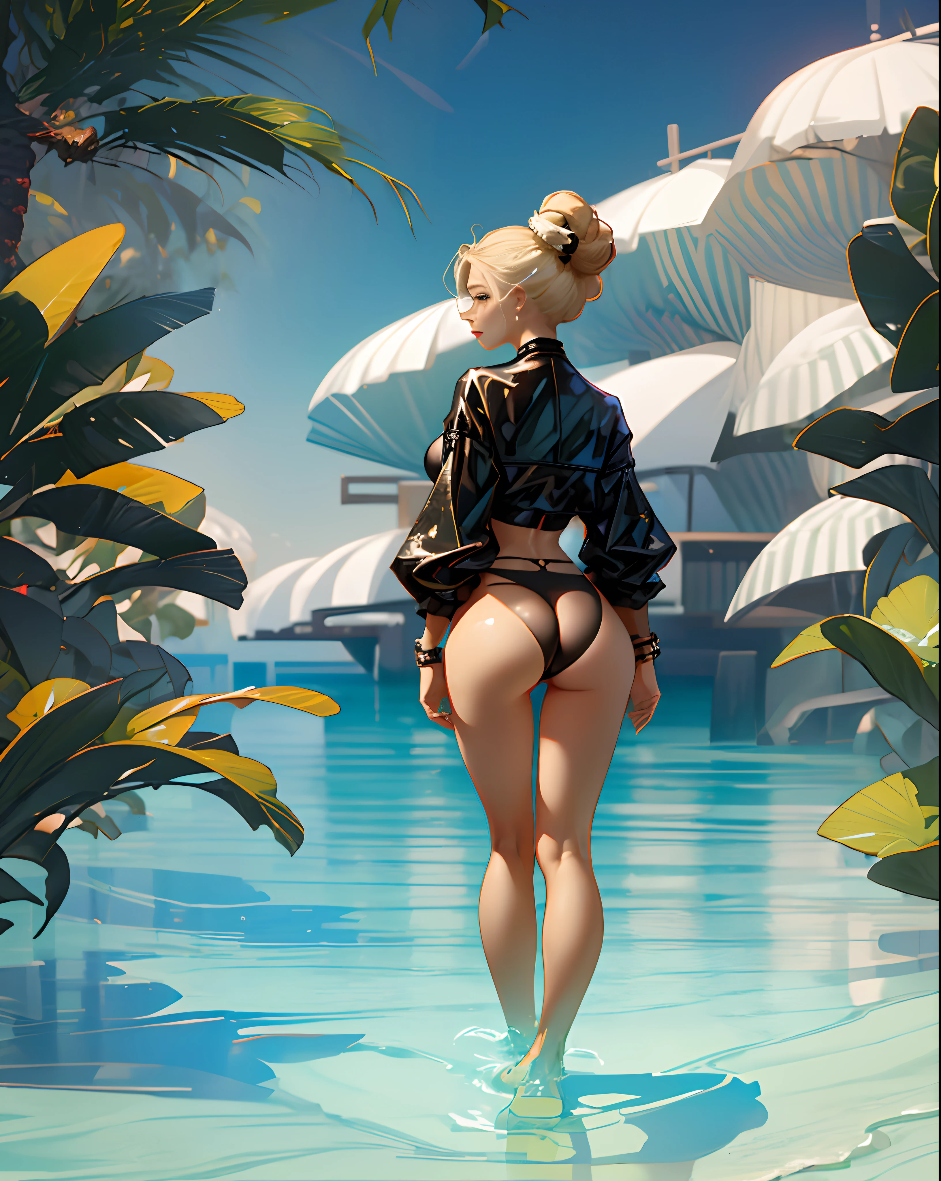 from behind, girl, black mini bikini, high waist bikini, hot body, small waist, big , bunande, coxas grossas, full body, blonde