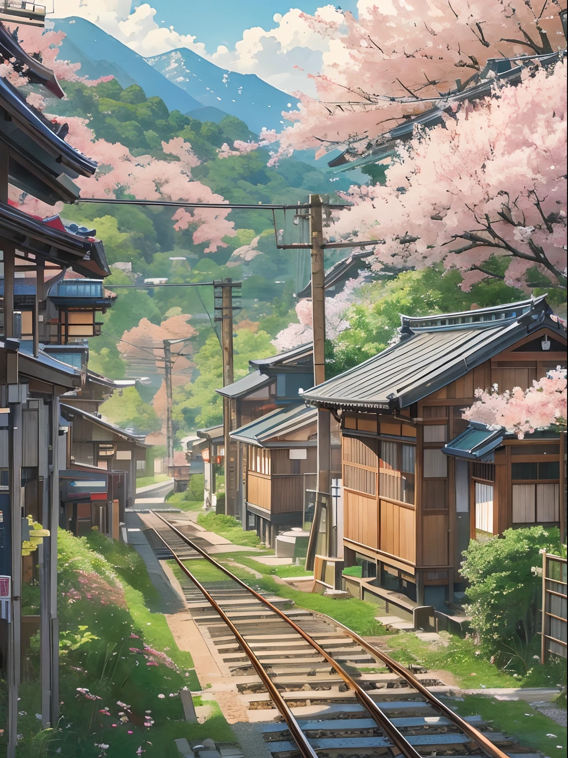 Chubu Japan Railway、Japan countryside、shoun、Cinematic scenery、Studio Ghibli、cherry trees、during daytime、​​clouds、masutepiece,Best Quality,Sketch style、