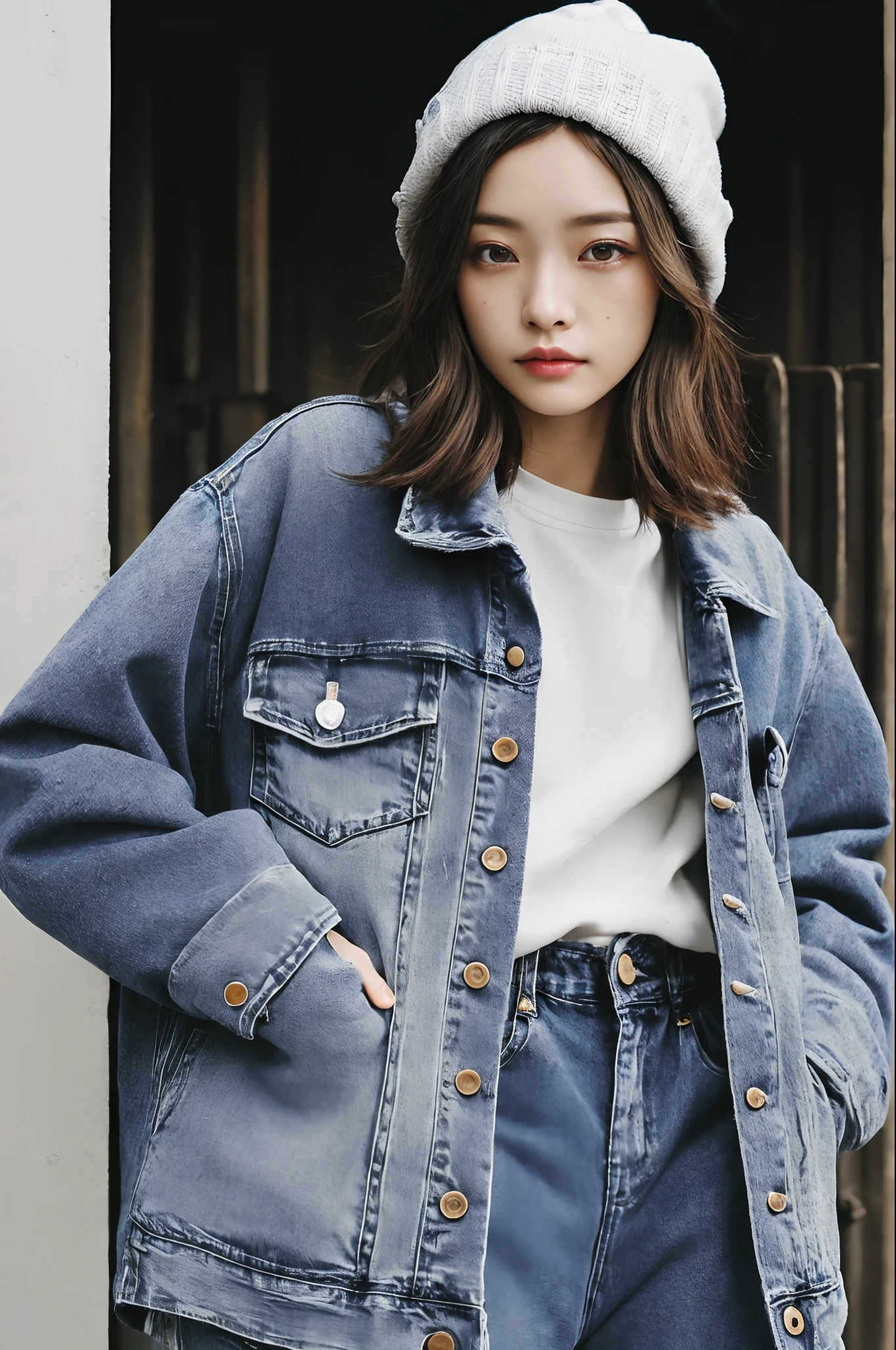 21-year-old Japan female model、Packed with information、analog style、Eye focus、top-quality、（highlydetailed skin、detailed skin textures）、RAW color photo、（Clothed）、（Clothed）、（Beanie、tight blue jeans、Carhartt's work coat is worn over a sweatshirt）、（Beanie、tight blue jeans、Wearing a Carhartt work coat）、Stand outside on a cold winter day、Athletic ability、Small breasts beautiful ass、face perfect、mesmerizing eyes、Perfect iris、[makeups]、skin pore、[hitornfreckles]、（Extremely fine、Fine）、diffuse lighting、Tilt-Shift、side lights、film grains、Photo Canon EOS R5、8K分辨率、（fullllbody））