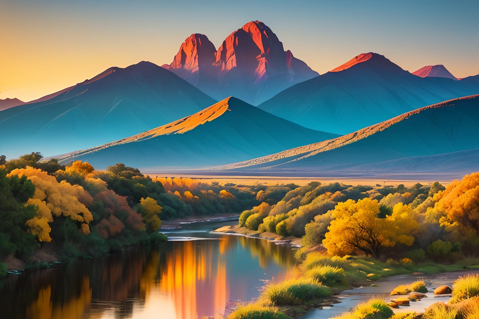 (bright colors,vibrant colors,colorful:1.2),(acrylic painting,artwork),The Succulent Karoo,(sunset,evening,setting sun),(river,flowing river),(peaceful,serene),(tranquil,nature),(scenic beauty),(water reflection,reflecting light),trees along the riverbanks,(lush greenery,abundance of plant life),(gradient sky,blending colors),(majestic atmosphere),(dusk, glowing horizon),silhouette of mountains in the distance,(warm hues,golden,orange,yellow),(soft brushstrokes,texture),(blend of warm and cool tones),capturing the beauty of the moment