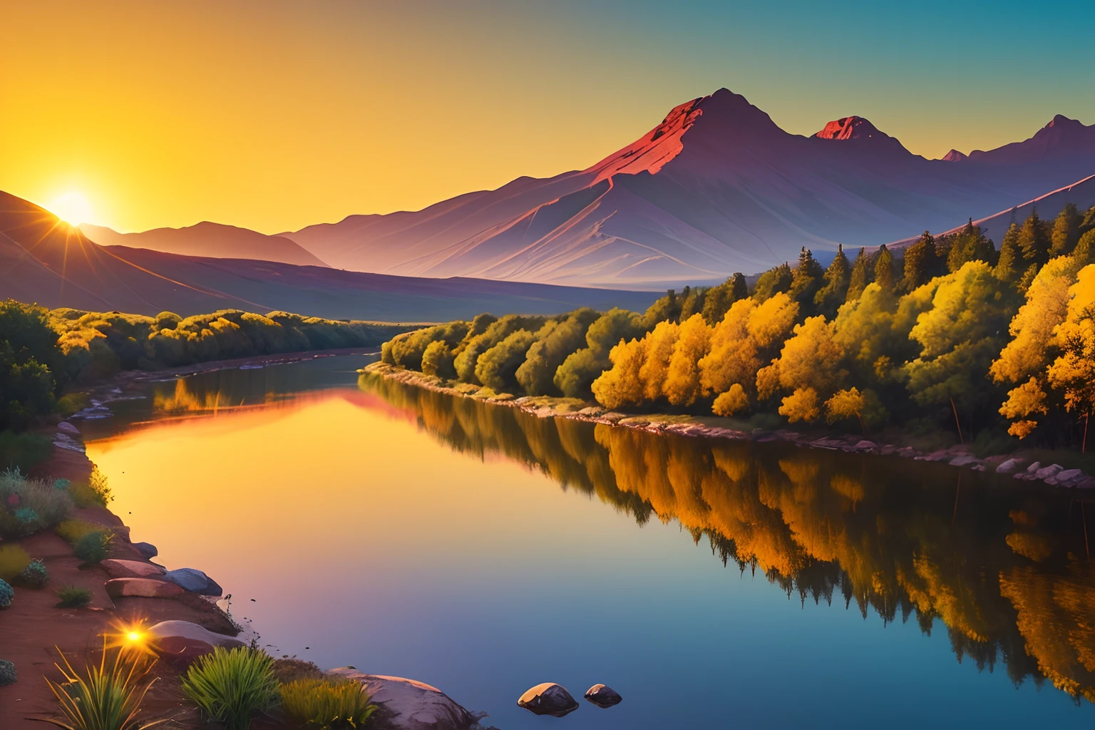 (bright colors,vibrant colors,colorful:1.2),(acrylic painting,artwork),The Succulent Karoo,(sunset,evening,setting sun),(river,flowing river),(peaceful,serene),(tranquil,nature),(scenic beauty),(water reflection,reflecting light),trees along the riverbanks,(lush greenery,abundance of plant life),(gradient sky,blending colors),(majestic atmosphere),(dusk, glowing horizon),silhouette of mountains in the distance,(warm hues,golden,orange,yellow),(soft brushstrokes,texture),(blend of warm and cool tones),capturing the beauty of the moment