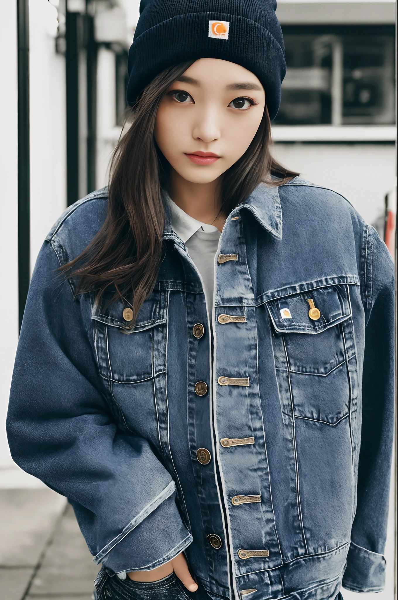 21-year-old Japan female model、Packed with information、analog style、Eye focus、top-quality、（highlydetailed skin、detailed skin textures）、RAW color photo、（Clothed）、（Clothed）、（Beanie、tight blue jeans、Carhartt's work coat is worn over a sweatshirt）、（Beanie、tight blue jeans、Wearing a Carhartt work coat）、Stand outside on a cold winter day、Athletic ability、Small breasts beautiful ass、face perfect、mesmerizing eyes、Perfect iris、[makeups]、skin pore、[hitornfreckles]、（Extremely fine、Fine）、diffuse lighting、Tilt-Shift、side lights、film grains、Photo Canon EOS R5、8K分辨率、（fullllbody））