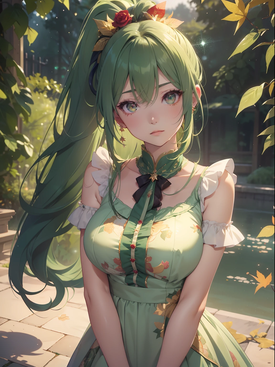 masutepiece, High resolution, 8K, anime woman, Delicate and detailed writing 、Detailed digital illustration、absurdly long hair、(((Ponytail)))、Shiny hair、a very beautiful woman、Eyes are double, Large,Little hanging eyes、 Bust E Cup、High image quality, High quality、Detailed background、The inside of the eye shines like a diamond、(((Dark green hair)))、Gradient pupil、(((2 arms、4 fingers, 1 thumb)))、Detailed female face、a very beautiful woman、、细致背景、​masterpiece、Soft Focus , Bright gradient watercolor , Lens Flare , (((Glitter))) , Glow , Dreamy ,a miniskirt、Idol、Light Green Ribbon、Very beautiful light green rose hair accessories、Light green and gold costume with white as the main color、((Macroface))、(Cool Girl).Tall lady、Dignified.((No bangs))、(((Nightgown printed with red leaves)))、Beautiful fantastic night background、red leaves、ginkgo biloba