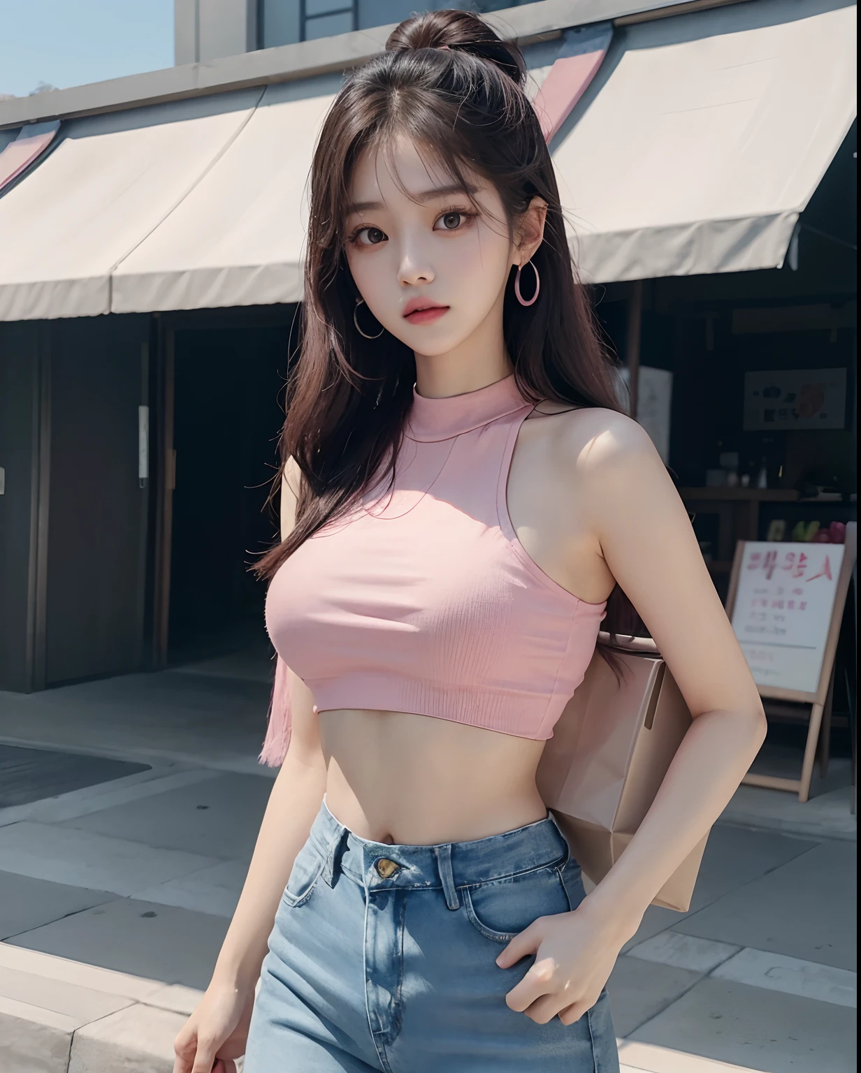 woman in a pink top and jeans, korean girl, tzuyu from twice, beautiful south korean woman, roseanne park of blackpink, beautiful young korean woman, gorgeous young korean woman, jaeyeon nam, korean woman, jossi of blackpink, jinyoung shin, sun yunjoo, wearing crop top, wearing a sexy cropped top, bae suzy