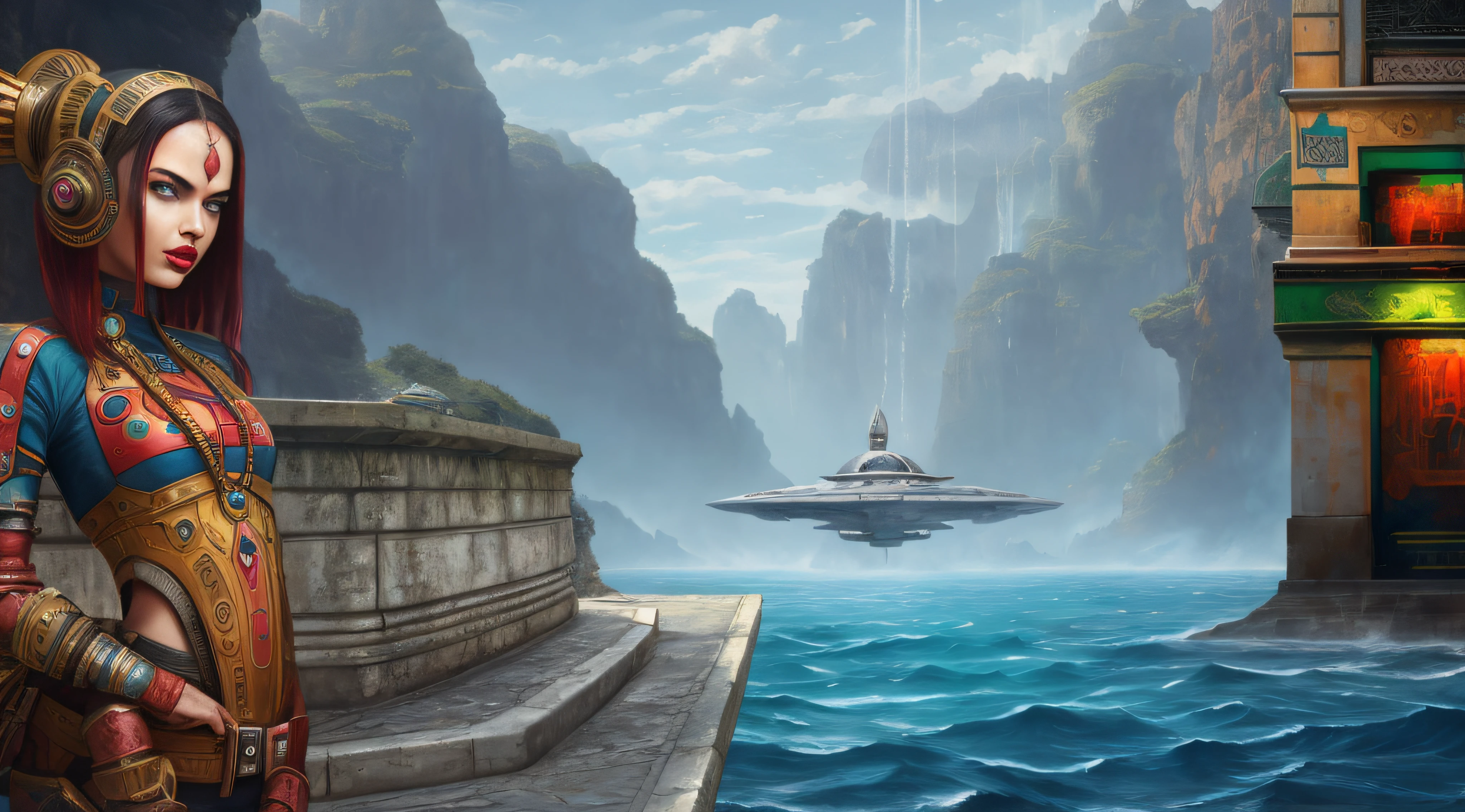 a women (Adriana Lima :1.1)  red lips, green eyes standing  a ledge next to a fountain,  near a boat, sci-fi fantasy wallpaper, Adriana Lima  fantasy art, space ship above an island, concept art wallpaper 4k, sci-fi fantasy desktop wallpaper, concept art 4k, concept art 4 k, sci fi epic digital art, concept art 8 k, stardestroyer in the background, matte scifi fantasy painting