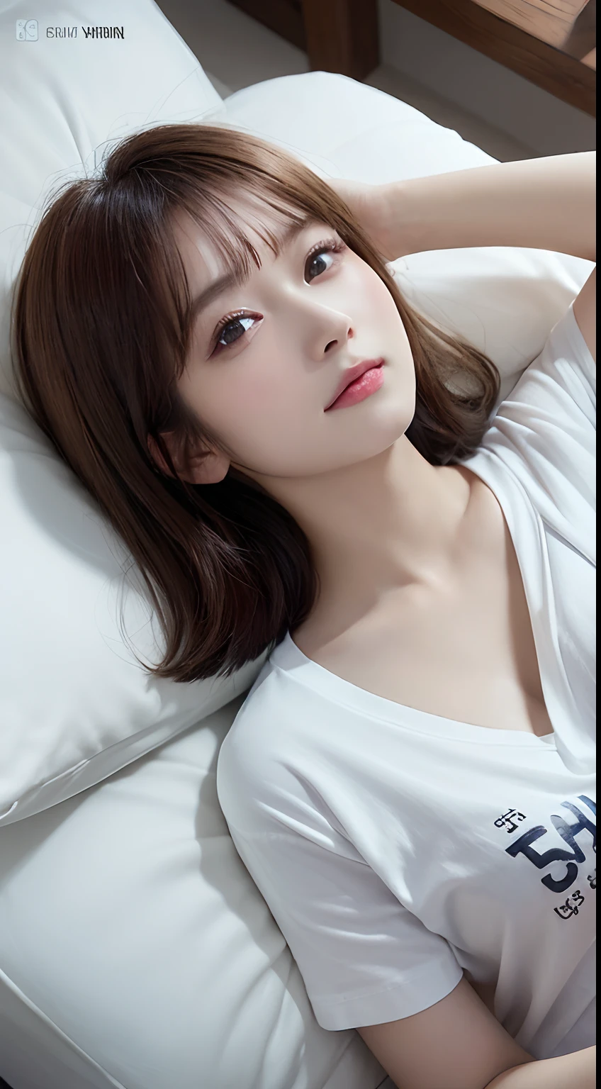 Innocent 20 year old girl、((Wearing an oversized T-shirt,Dramatic poses)),Smile,short-cut,Bed background,Beach background、Raw photo, (8K、top-quality、masterpiece:1.2)、(intricate detailes:1.4)、(Photorealsitic:1.4)、octane renderings、Complex 3D rendering ultra detail, Studio Soft Light, Rim Lights, vibrant detail, super detailing, realistic skin textures, Detail Face, Beautiful detail eyes, Very detailed CG Unity 16k wallpaper, make - up, (detailedbackground:1.2), shinny skin, Full body、From head to thigh、cleavage of the breast,((Sleep facing up、Angle looking down from above))